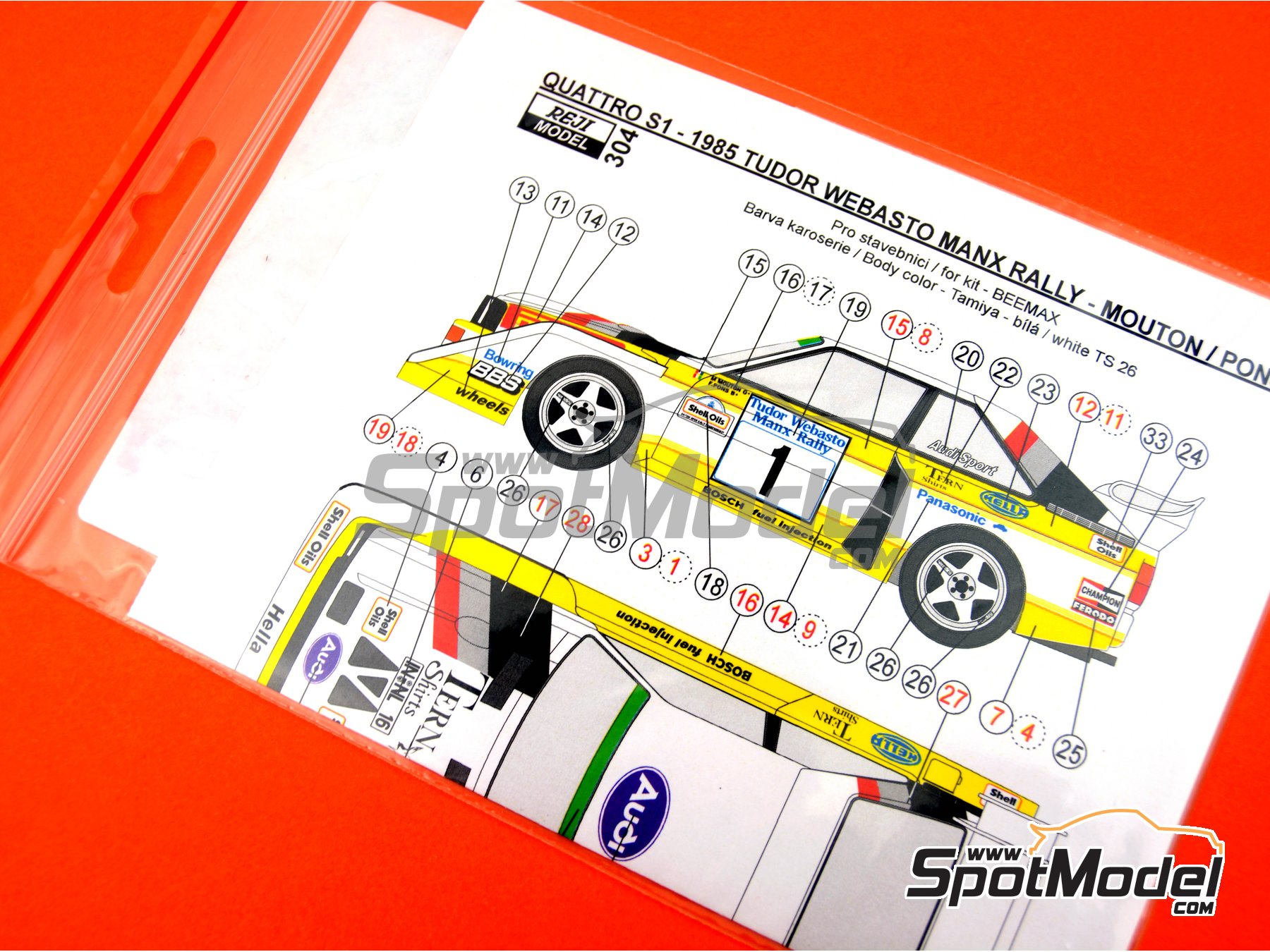 Image 5: Audi Sport Quattro S1 E2 Audi Sport UK Team sponsored by Pirelli - Tudor Webasto Manx International Rally 1985 | Marking / livery in 1/24 scale manufactured by Reji Model (ref. REJI-304, also 304)