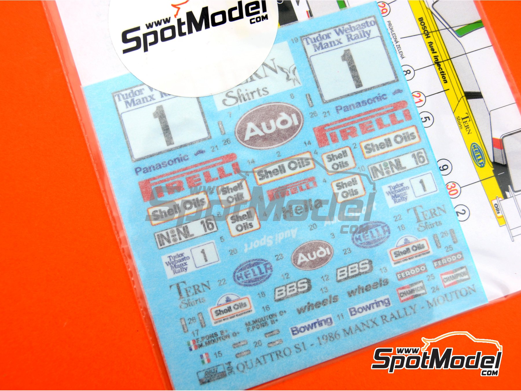 Image 6: Audi Sport Quattro S1 E2 Audi Sport UK Team sponsored by Pirelli - Tudor Webasto Manx International Rally 1985 | Marking / livery in 1/24 scale manufactured by Reji Model (ref. REJI-304, also 304)