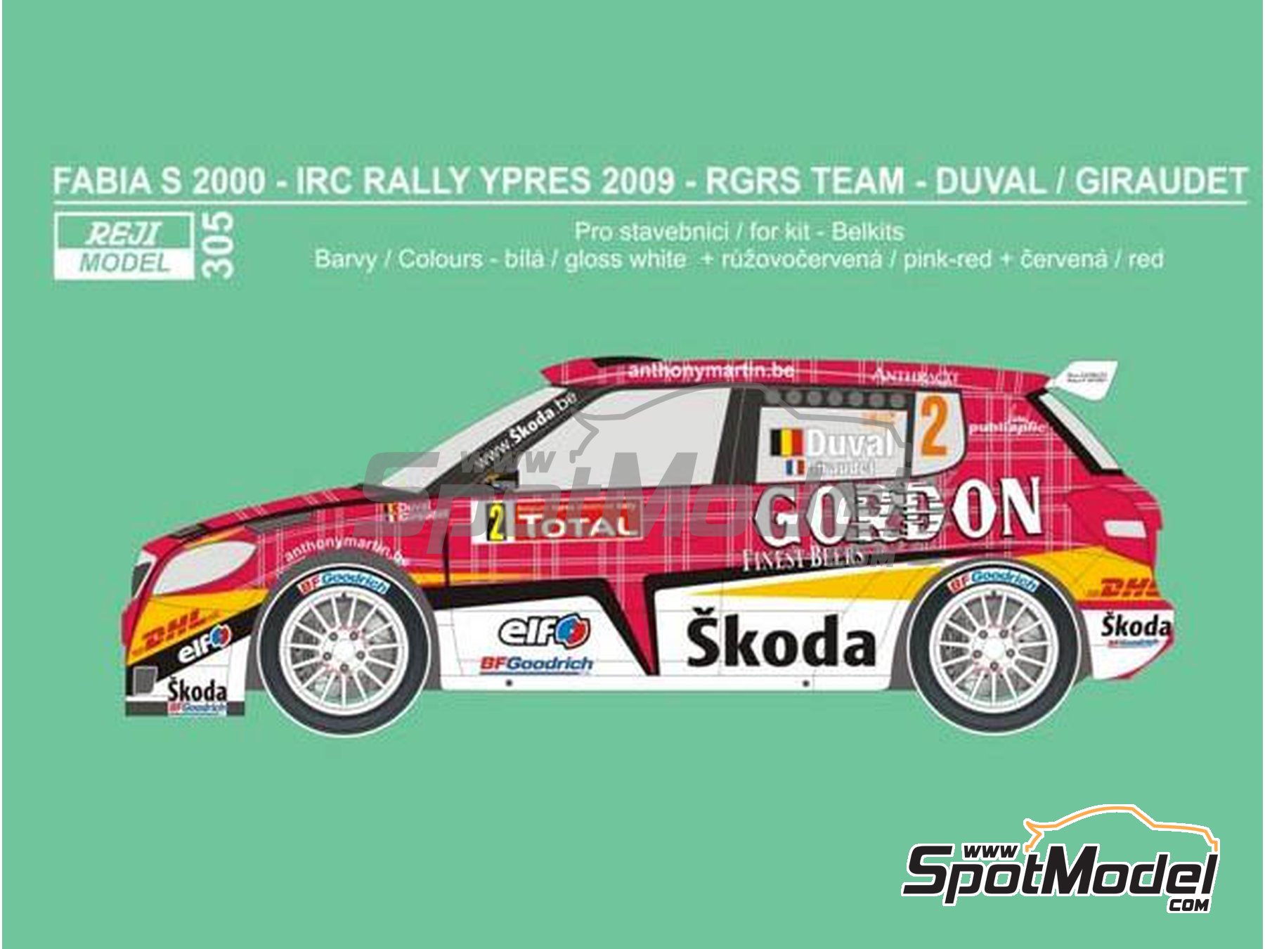Image 5: Skoda Fabia S2000 Equipo RGRS patrocinado por Gordon - Rally de Ypres de Belgica 2009 | Decoraci&oacute;n en escala&nbsp;1/24 fabricado por Reji Model (ref.&nbsp;REJI-305, tambien 305)