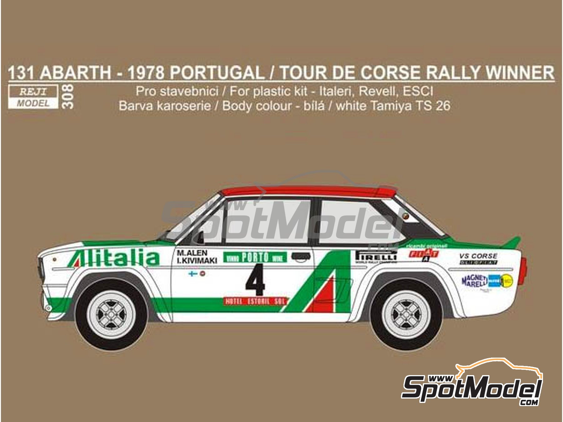 Image 1: Fiat 131 Abarth sponsored by Alitalia - Portugal Rally - Vinho do Porto, Tour de Corse 1978 | Marking / livery in 1/24 scale manufactured by Reji Model (ref.&nbsp;REJI-308, also 308, 0308 and REJI308)