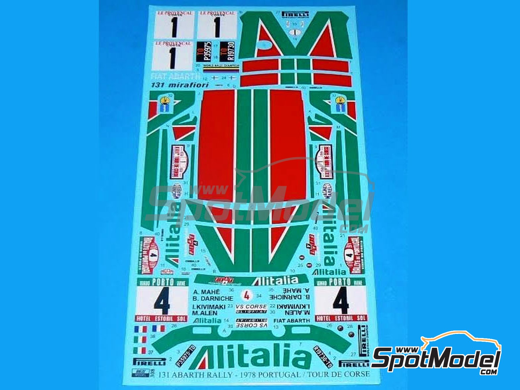 Image 4: Fiat 131 Abarth sponsored by Alitalia - Portugal Rally - Vinho do Porto, Tour de Corse 1978 | Marking / livery in 1/24 scale manufactured by Reji Model (ref.&nbsp;REJI-308, also 308, 0308 and REJI308)