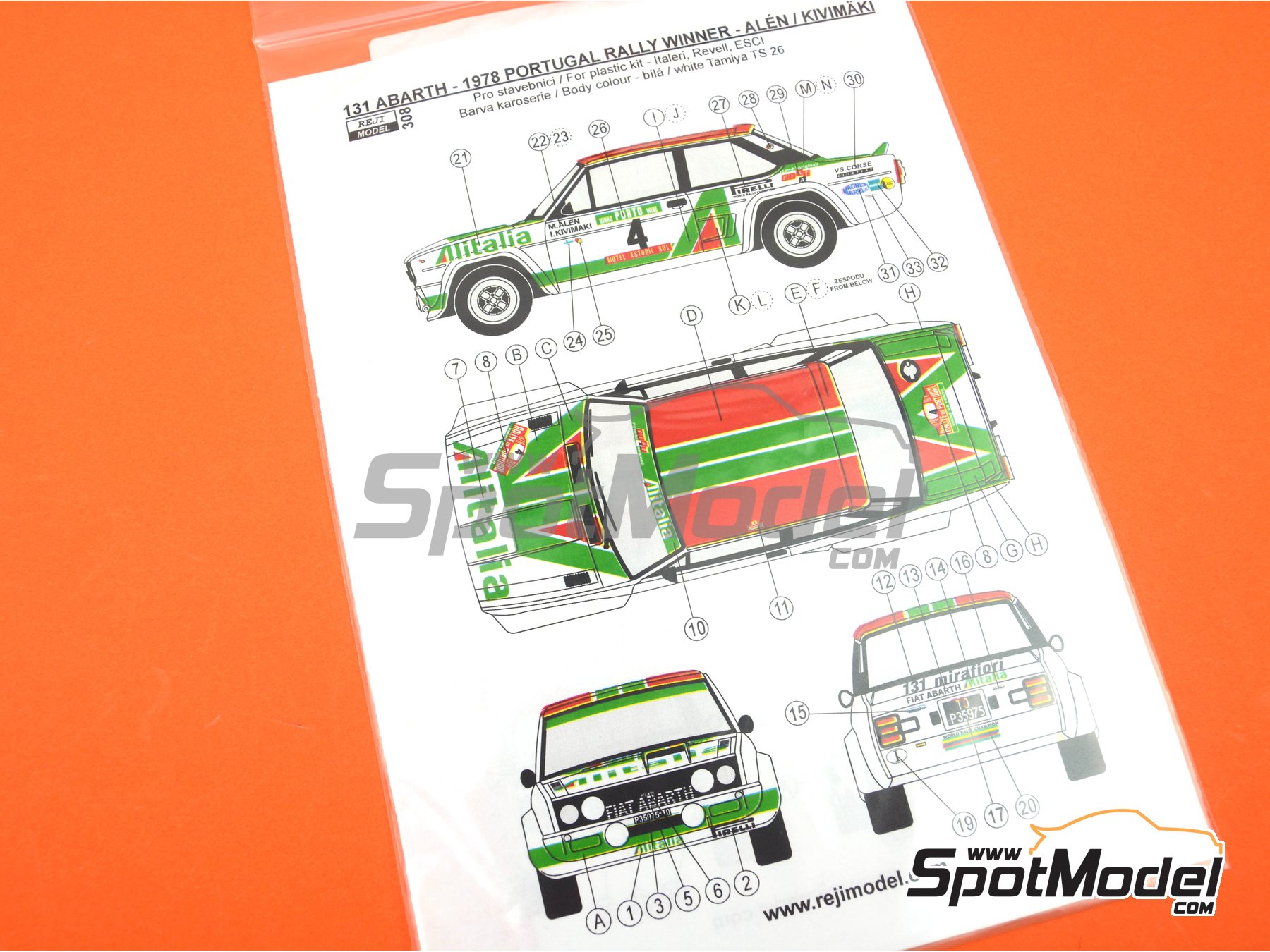 Image 6: Fiat 131 Abarth sponsored by Alitalia - Portugal Rally - Vinho do Porto, Tour de Corse 1978 | Marking / livery in 1/24 scale manufactured by Reji Model (ref.&nbsp;REJI-308, also 308, 0308 and REJI308)
