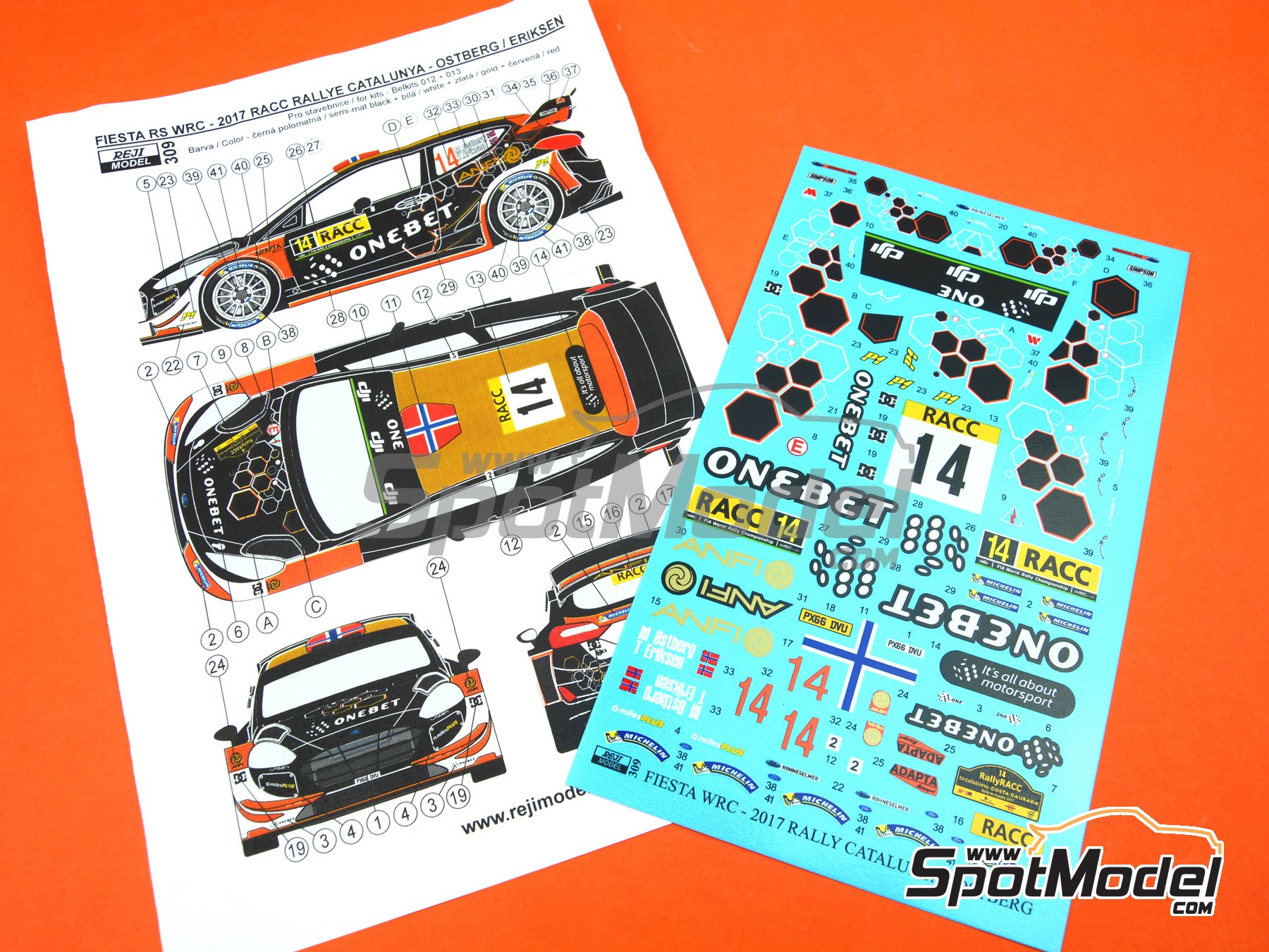 Image 3: Ford Fiesta RS WRC sponsored by Onebet - Catalunya Costa Dorada RACC Rally 2017 | Marking / livery in 1/24 scale manufactured by Reji Model (ref.&nbsp;REJI-309, also 309 and REJI309)