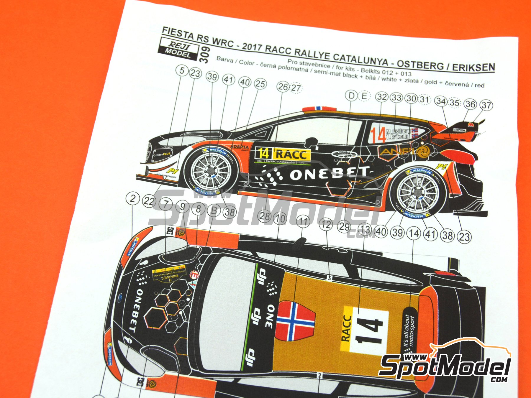 Image 5: Ford Fiesta RS WRC sponsored by Onebet - Catalunya Costa Dorada RACC Rally 2017 | Marking / livery in 1/24 scale manufactured by Reji Model (ref.&nbsp;REJI-309, also 309 and REJI309)