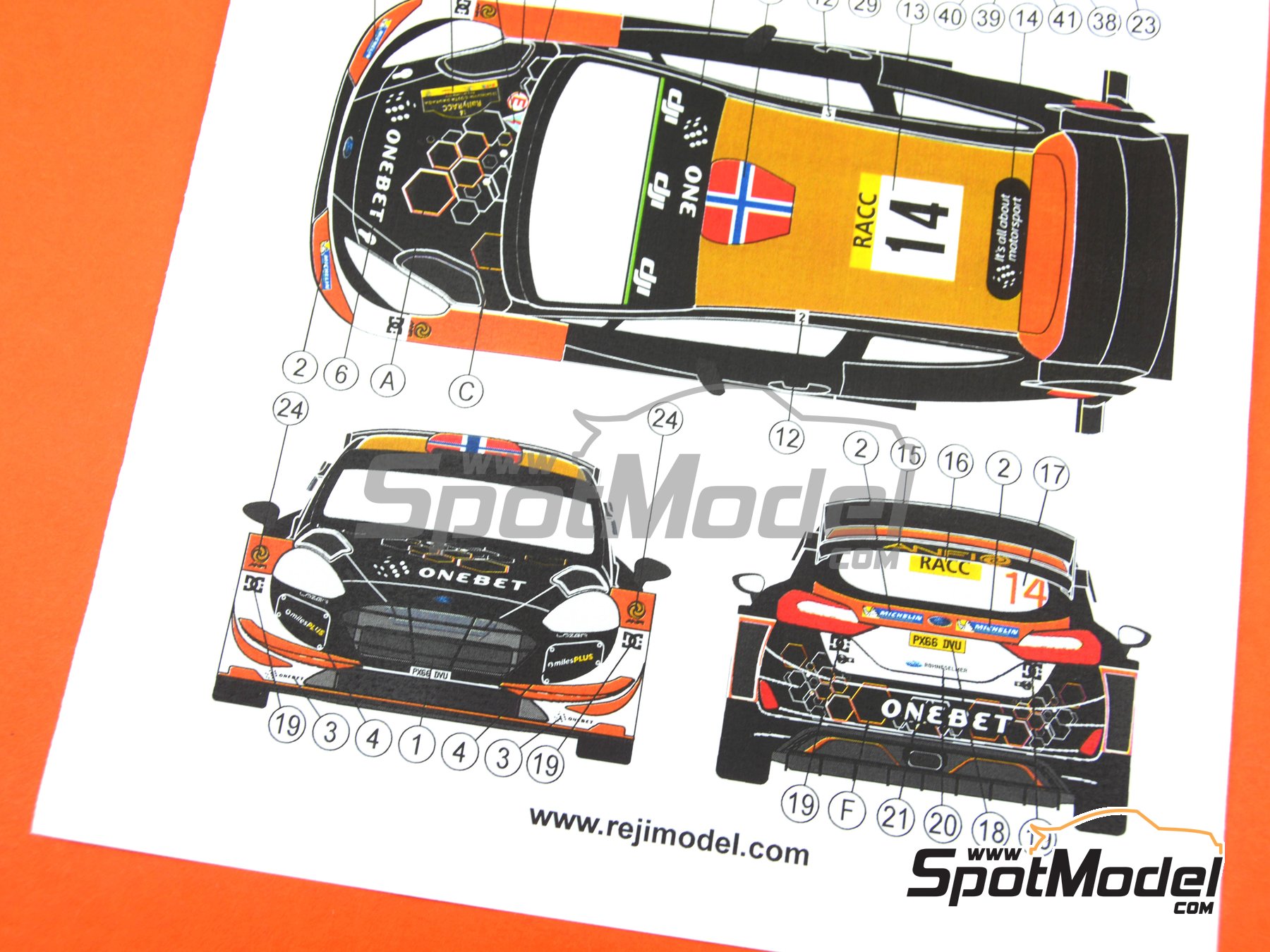 Image 6: Ford Fiesta RS WRC sponsored by Onebet - Catalunya Costa Dorada RACC Rally 2017 | Marking / livery in 1/24 scale manufactured by Reji Model (ref.&nbsp;REJI-309, also 309 and REJI309)