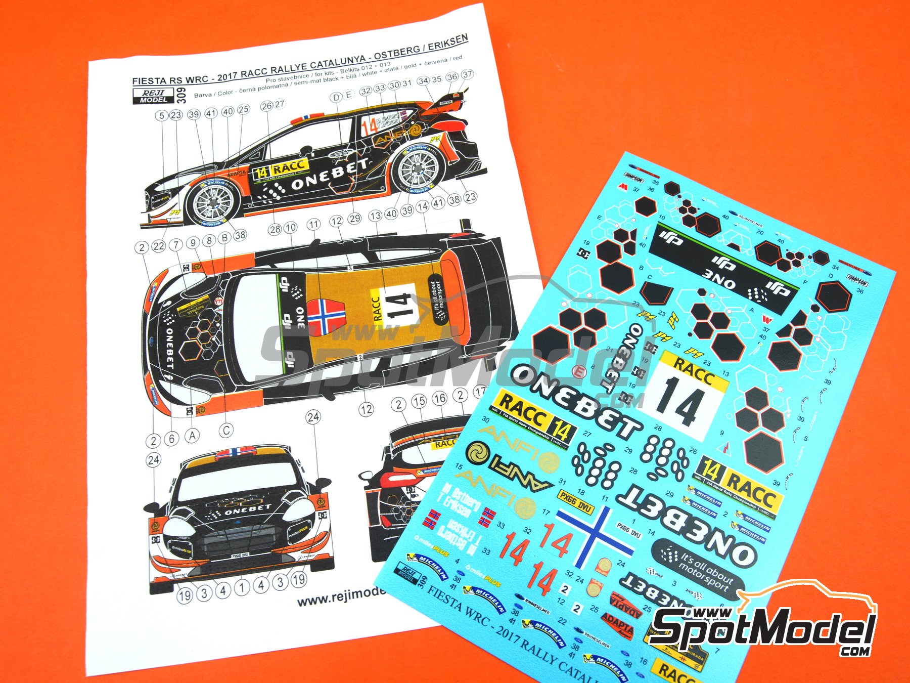 Image 7: Ford Fiesta RS WRC sponsored by Onebet - Catalunya Costa Dorada RACC Rally 2017 | Marking / livery in 1/24 scale manufactured by Reji Model (ref.&nbsp;REJI-309, also 309 and REJI309)