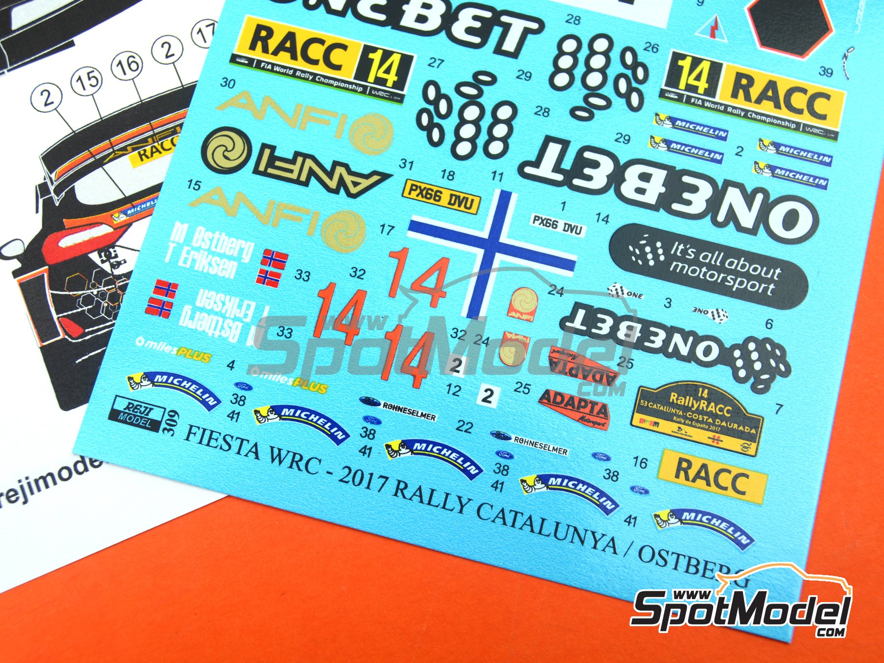 Image 10: Ford Fiesta RS WRC sponsored by Onebet - Catalunya Costa Dorada RACC Rally 2017 | Marking / livery in 1/24 scale manufactured by Reji Model (ref.&nbsp;REJI-309, also 309 and REJI309)