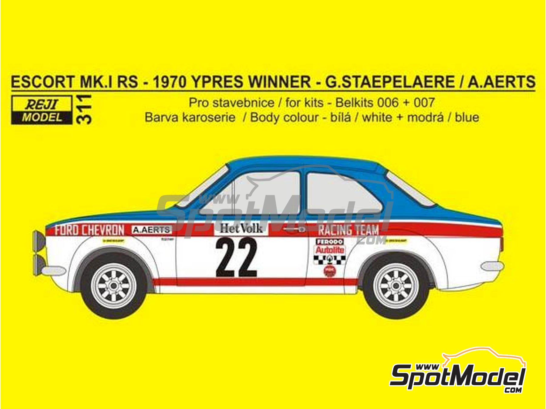 Image 1: Ford Escort RS1600 Mk I Ford Chevron Racing Team - 12 Uren van Ieper - Ypres Rally 1970 | Marking / livery in 1/24 scale manufactured by Reji Model (ref.&nbsp;REJI-311, also 311 and REJI311)