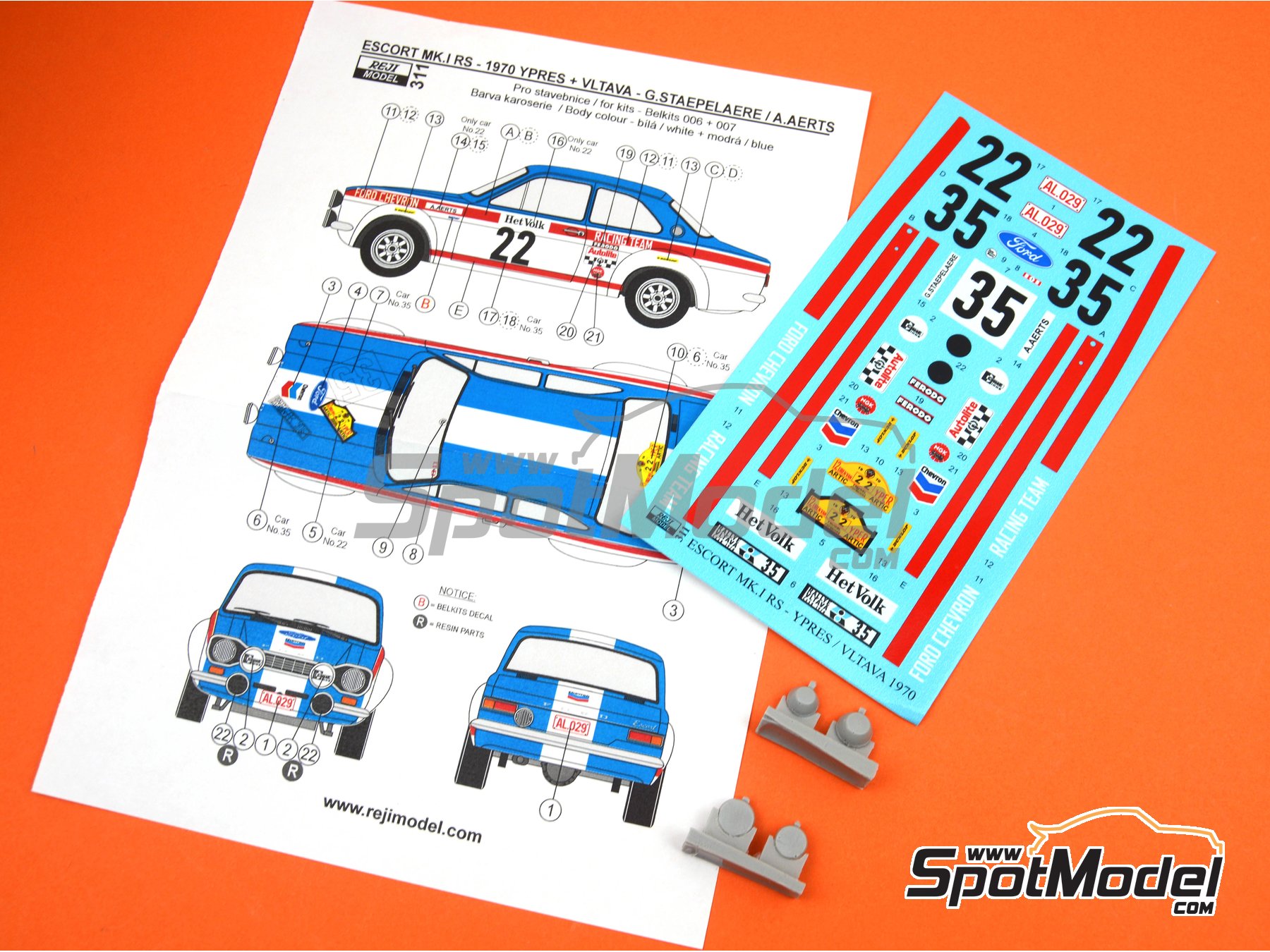Image 9: Ford Escort RS1600 Mk I Ford Chevron Racing Team - 12 Uren van Ieper - Ypres Rally 1970 | Marking / livery in 1/24 scale manufactured by Reji Model (ref.&nbsp;REJI-311, also 311 and REJI311)
