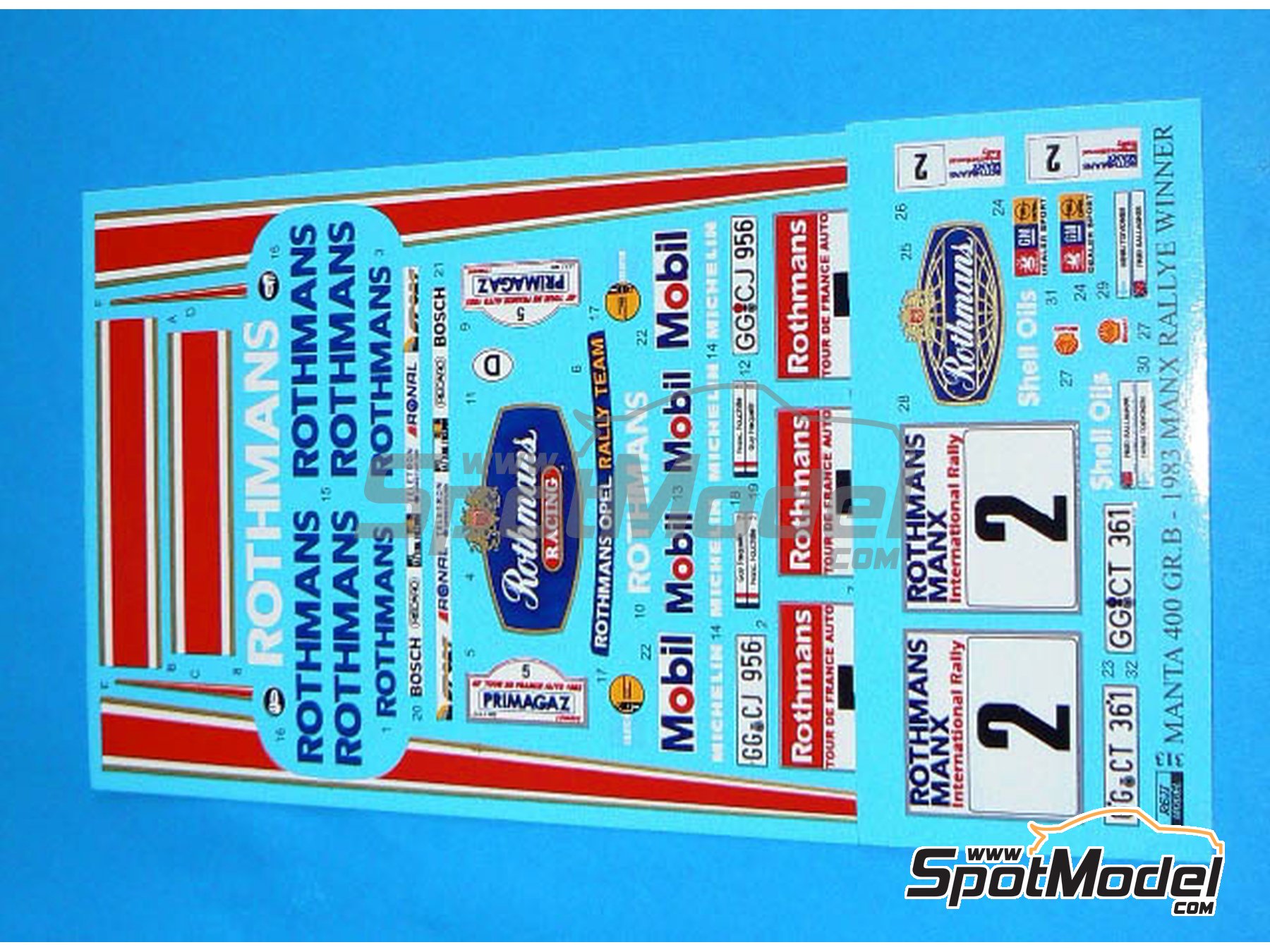 Image 1: Opel Manta Group B sponsored by Rothmans - Manx International Rally 1983 | Marking / livery in 1/24 scale manufactured by Reji Model (ref.&nbsp;REJI-313, also 313 and 0313)