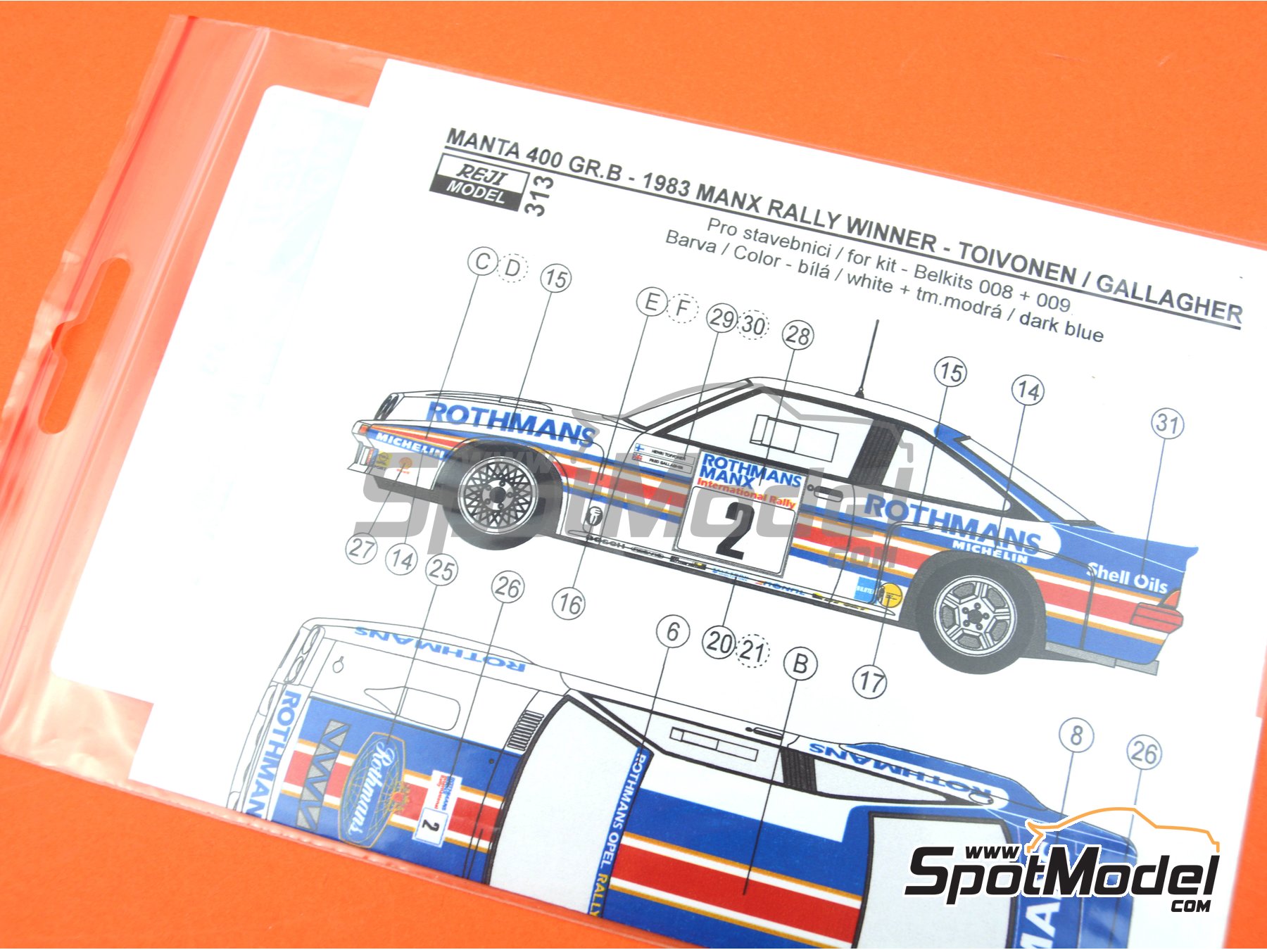 Image 7: Opel Manta Group B sponsored by Rothmans - Manx International Rally 1983 | Marking / livery in 1/24 scale manufactured by Reji Model (ref.&nbsp;REJI-313, also 313 and 0313)