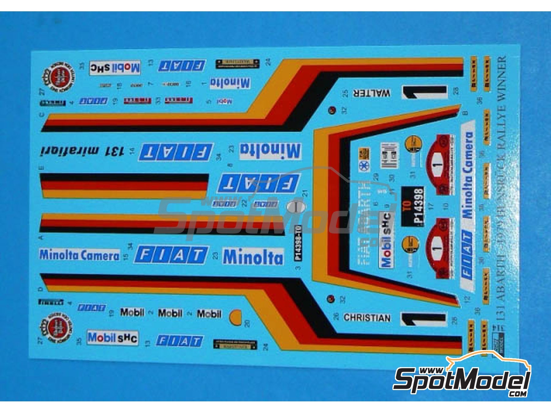 Image 1: Fiat 131 Abarth sponsored by Minolta Camera - AvD/STH Hunsr&uuml;ck Rallye 1979 | Marking / livery in 1/24 scale manufactured by Reji Model (ref.&nbsp;REJI-314, also 314)