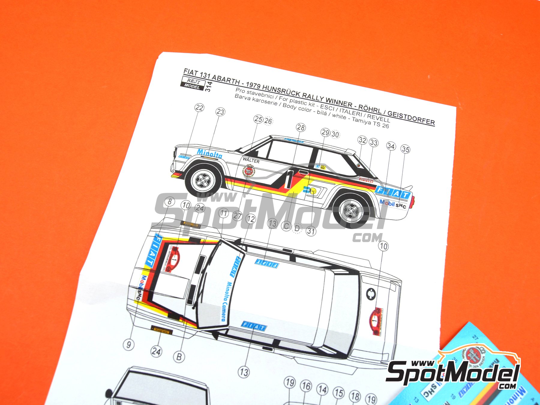 Image 4: Fiat 131 Abarth sponsored by Minolta Camera - AvD/STH Hunsr&uuml;ck Rallye 1979 | Marking / livery in 1/24 scale manufactured by Reji Model (ref.&nbsp;REJI-314, also 314)