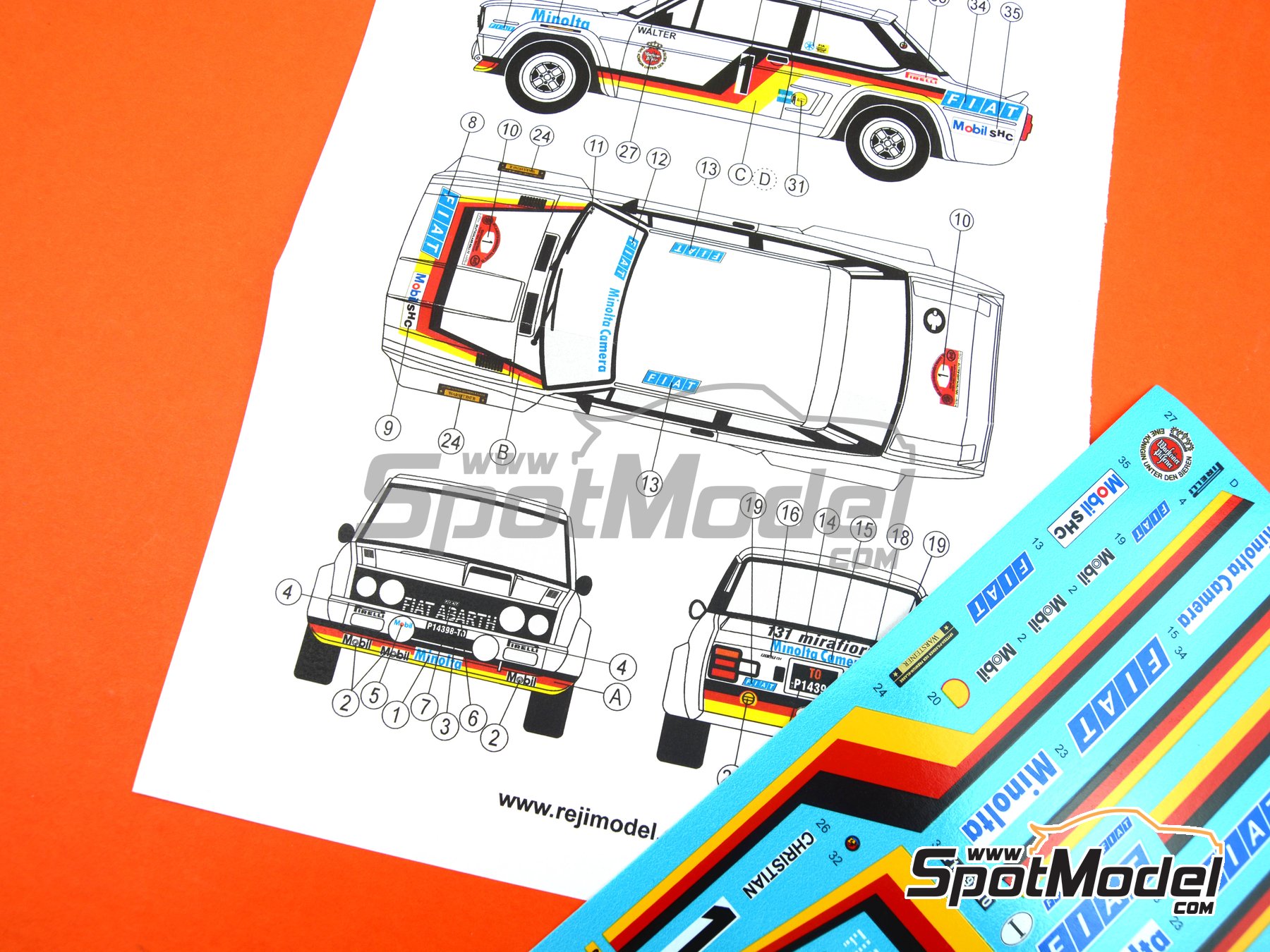Image 5: Fiat 131 Abarth sponsored by Minolta Camera - AvD/STH Hunsr&uuml;ck Rallye 1979 | Marking / livery in 1/24 scale manufactured by Reji Model (ref.&nbsp;REJI-314, also 314)