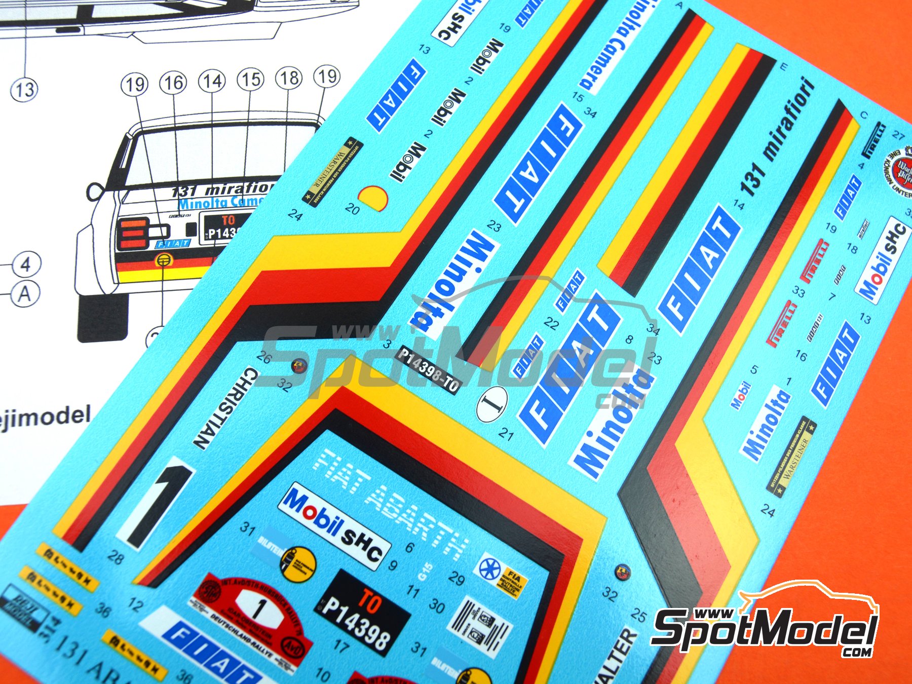 Image 7: Fiat 131 Abarth sponsored by Minolta Camera - AvD/STH Hunsr&uuml;ck Rallye 1979 | Marking / livery in 1/24 scale manufactured by Reji Model (ref.&nbsp;REJI-314, also 314)