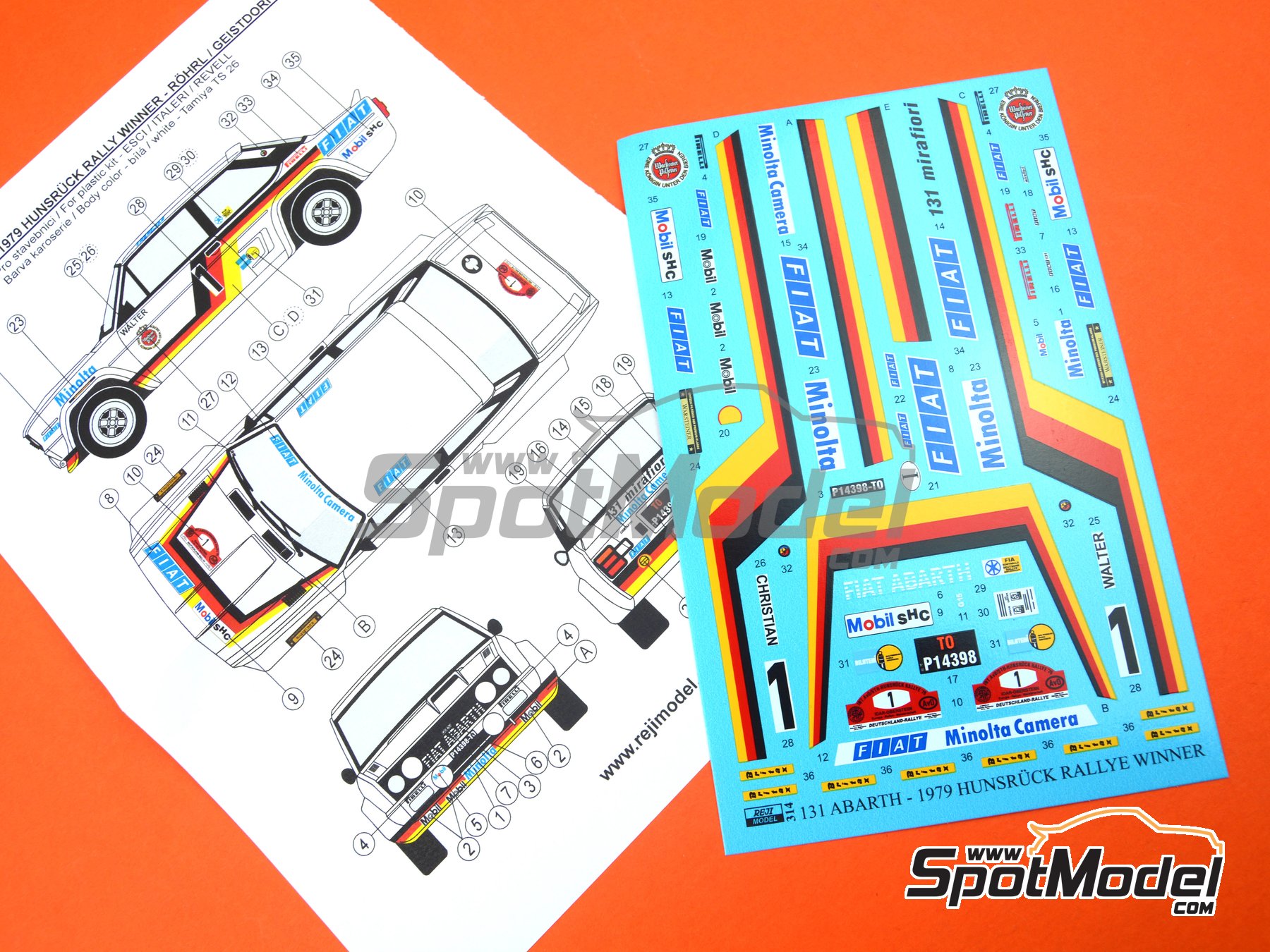 Image 9: Fiat 131 Abarth sponsored by Minolta Camera - AvD/STH Hunsr&uuml;ck Rallye 1979 | Marking / livery in 1/24 scale manufactured by Reji Model (ref.&nbsp;REJI-314, also 314)