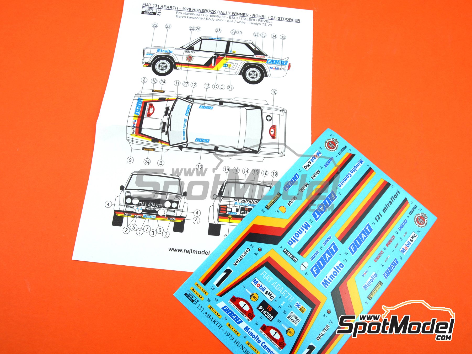 Image 10: Fiat 131 Abarth sponsored by Minolta Camera - AvD/STH Hunsr&uuml;ck Rallye 1979 | Marking / livery in 1/24 scale manufactured by Reji Model (ref.&nbsp;REJI-314, also 314)