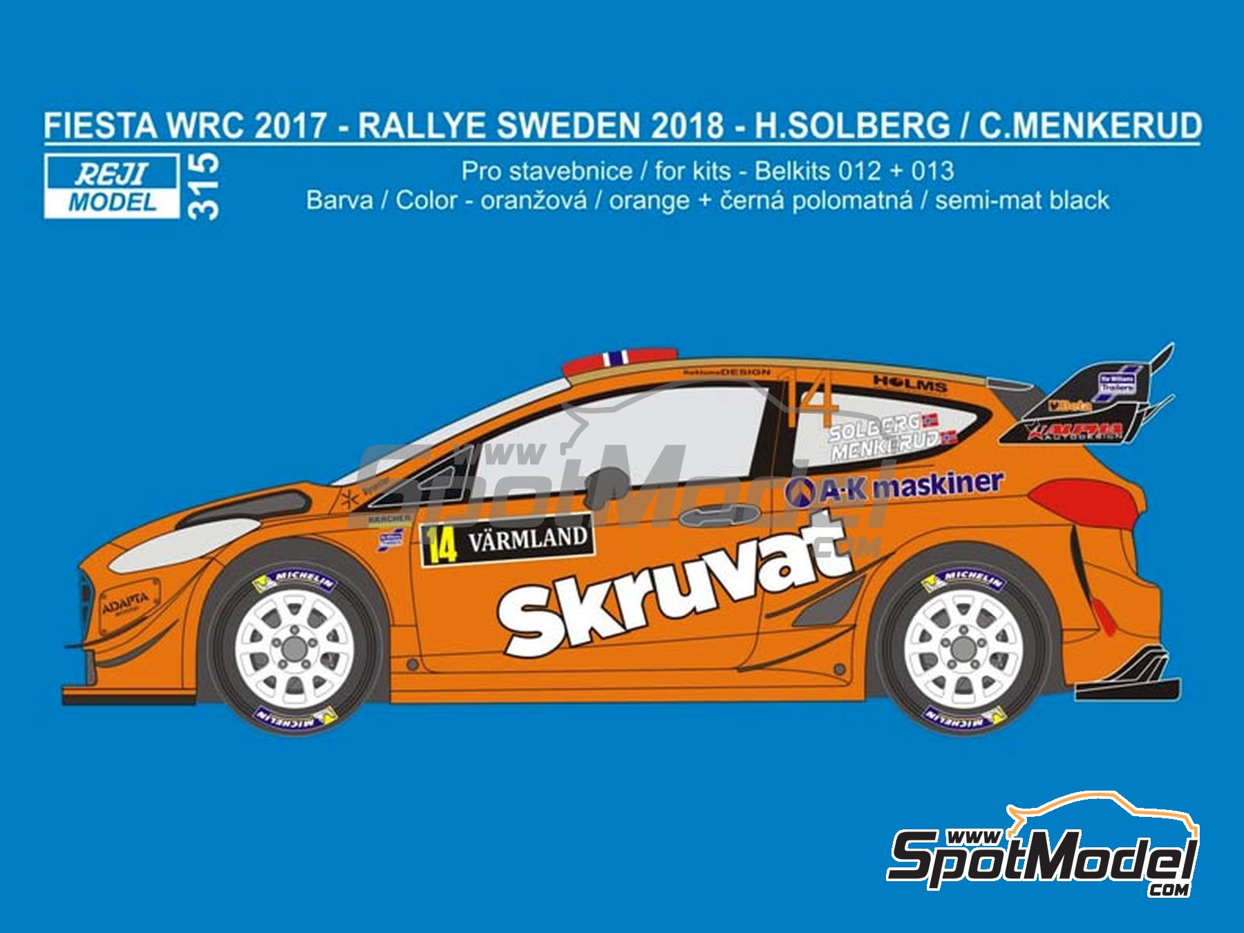 Image 1: Ford Fiesta RS WRC patrocinado por Skruvat - Rally de Suecia 2018 | Decoraci&oacute;n en escala&nbsp;1/24 fabricado por Reji Model (ref.&nbsp;REJI-315, tambien 315)