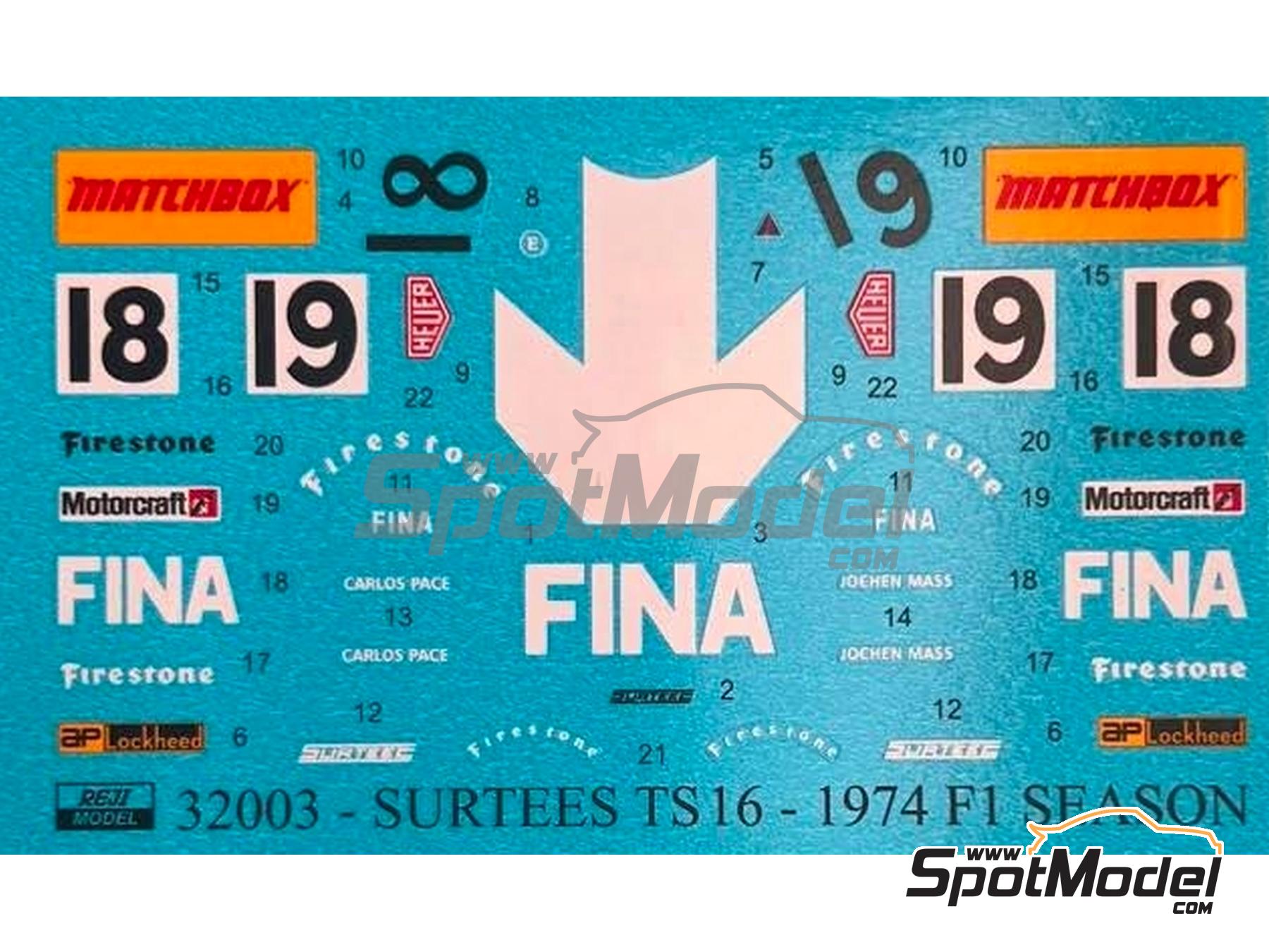 Image 2: Surtees Ford TS16 patrocinado por Fina, Matchbox - Gran Premio de F&oacute;rmula 1 de Brasil 1974 | Decoraci&oacute;n en escala&nbsp;1/32 fabricado por Reji Model (ref.&nbsp;REJI-32003, tambien 32003)