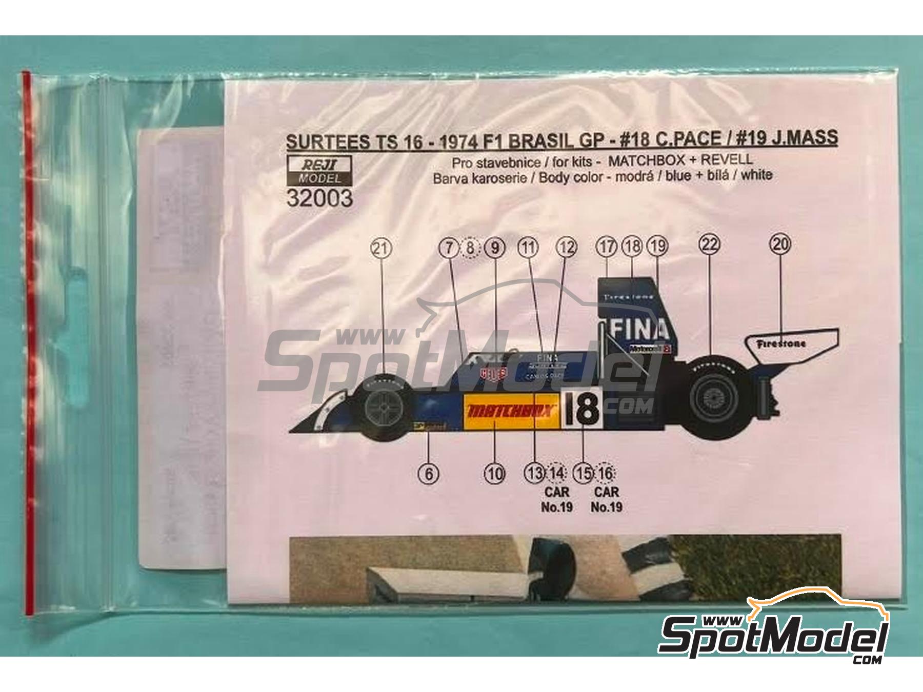 Image 4: Surtees Ford TS16 patrocinado por Fina, Matchbox - Gran Premio de F&oacute;rmula 1 de Brasil 1974 | Decoraci&oacute;n en escala&nbsp;1/32 fabricado por Reji Model (ref.&nbsp;REJI-32003, tambien 32003)