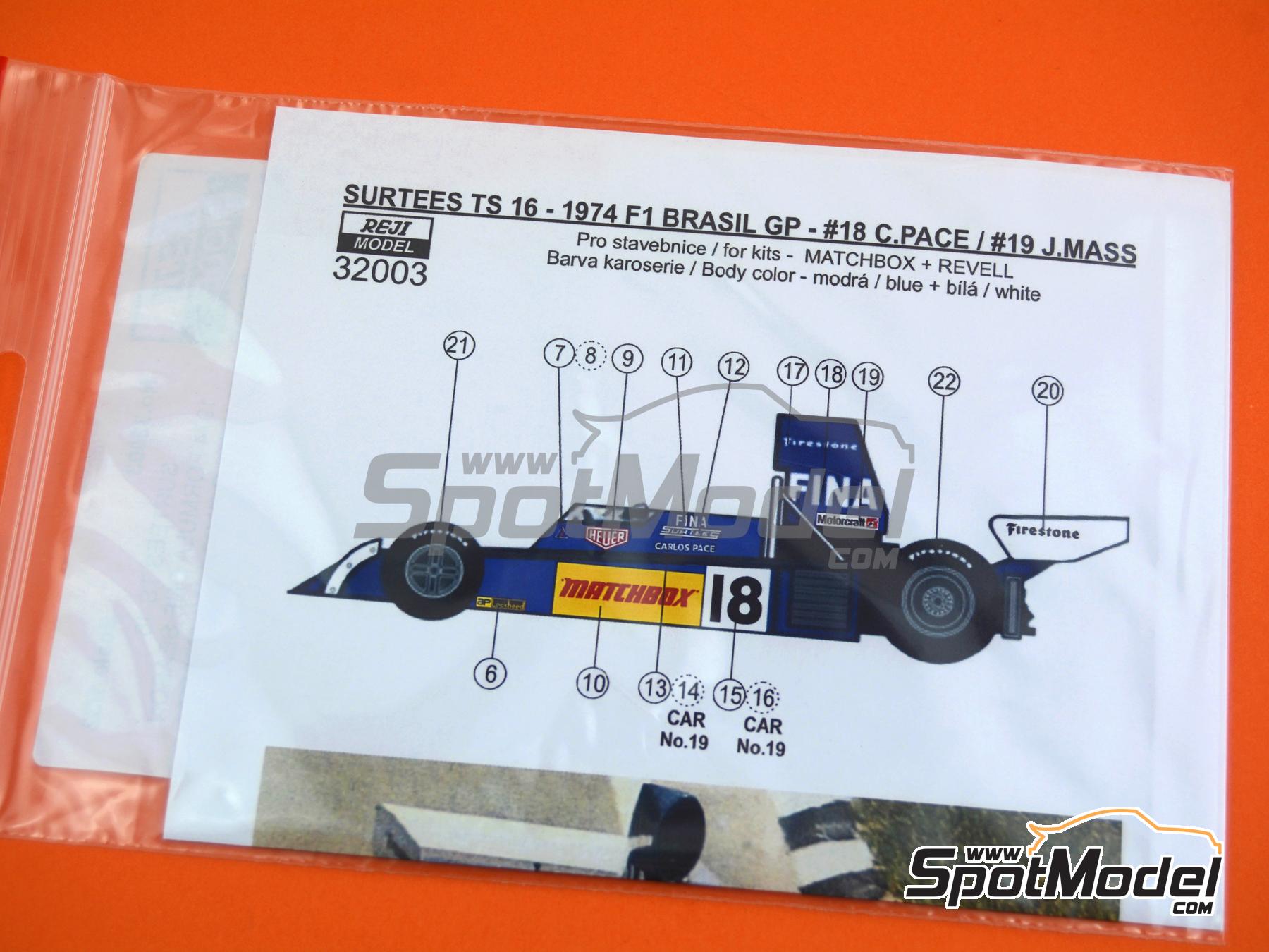 Image 7: Surtees Ford TS16 patrocinado por Fina, Matchbox - Gran Premio de F&oacute;rmula 1 de Brasil 1974 | Decoraci&oacute;n en escala&nbsp;1/32 fabricado por Reji Model (ref.&nbsp;REJI-32003, tambien 32003)