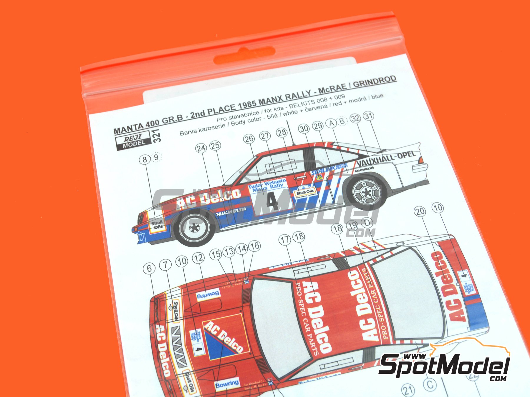 Image 2: Opel Manta 400 Group B sponsored by AC Delco - Tudor Webasto Manx International Rally 1985 | Marking / livery in 1/24 scale manufactured by Reji Model (ref.&nbsp;REJI-321, also 321, 0321 and REJI321)