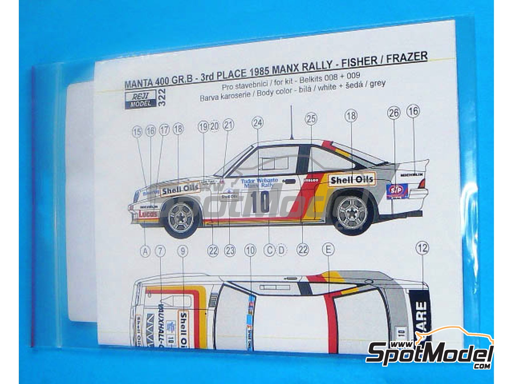 Image 3: Opel Manta 400 Grupo B patrocinado por Shell Oil - Tudor Webasto Manx International Rally 1985 | Decoraci&oacute;n en escala&nbsp;1/24 fabricado por Reji Model (ref.&nbsp;REJI-322, tambien 322, 0322 y REJI322)