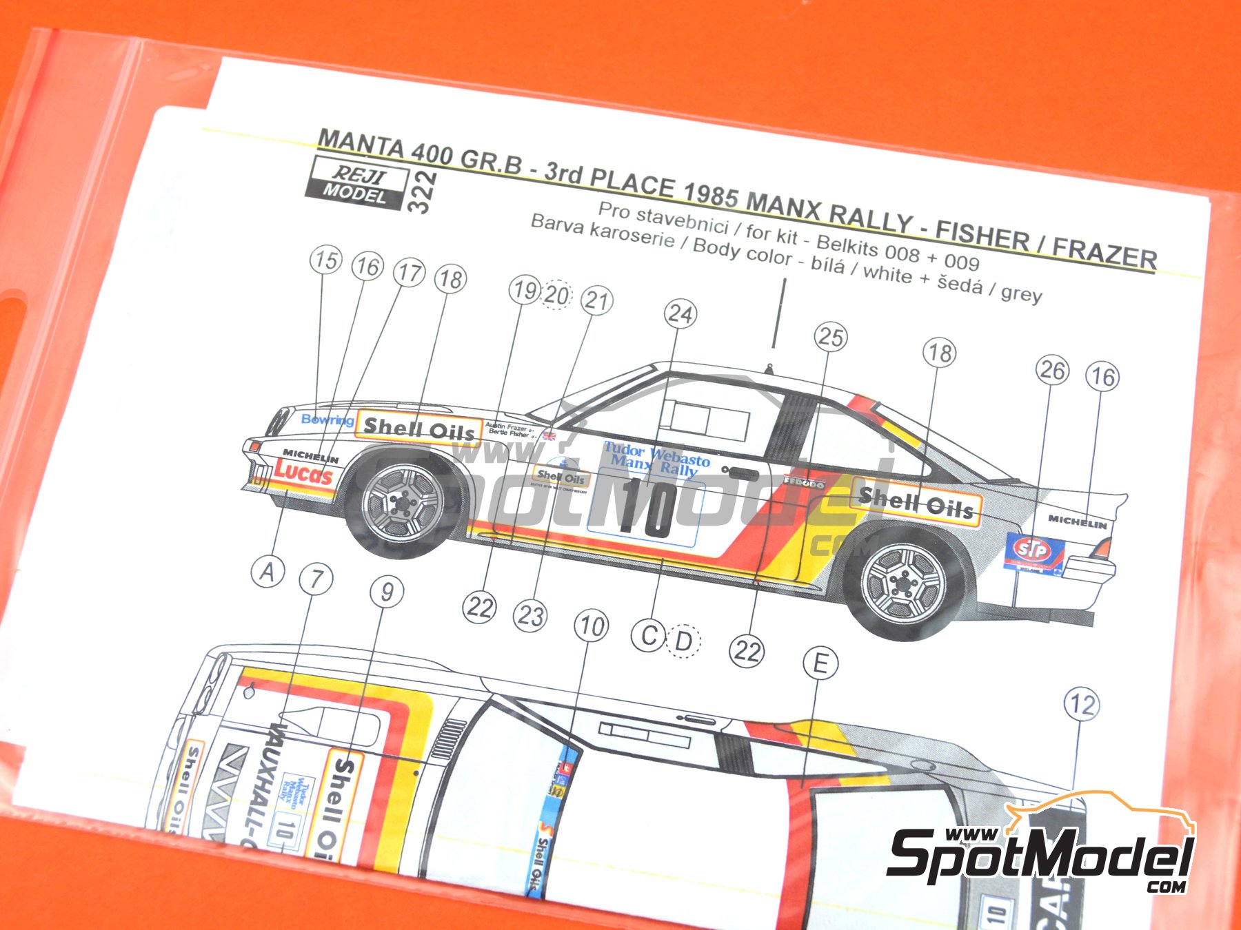 Image 7: Opel Manta 400 Grupo B patrocinado por Shell Oil - Tudor Webasto Manx International Rally 1985 | Decoraci&oacute;n en escala&nbsp;1/24 fabricado por Reji Model (ref.&nbsp;REJI-322, tambien 322, 0322 y REJI322)