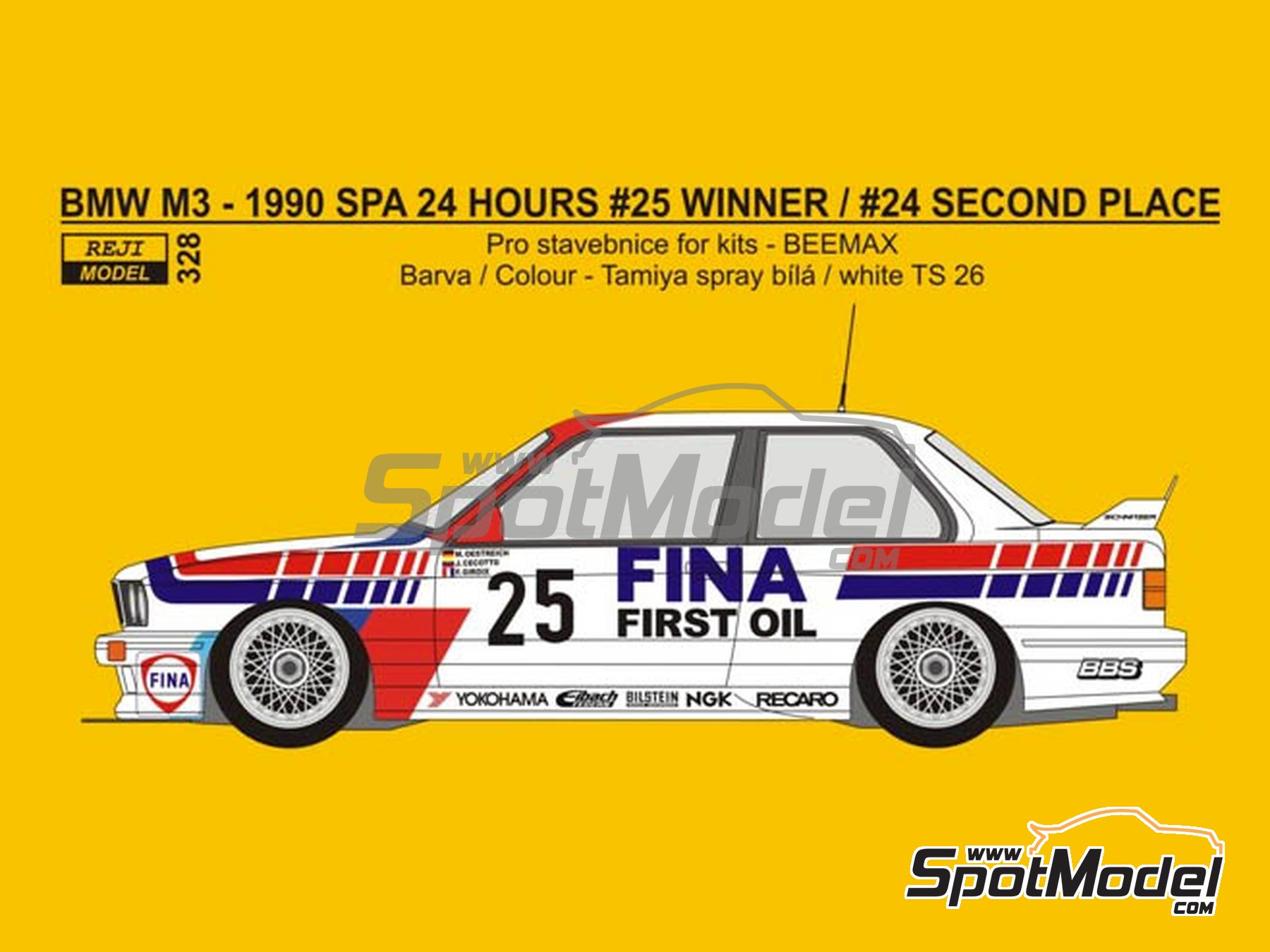Image 1: BMW M3 E30 Schnitzer Team sponsored by Fina - 24 Hours SPA Francorchamps 1990 | Marking / livery in 1/24 scale manufactured by Reji Model (ref.&nbsp;REJI-328, also 328, 0328 and REJI328)