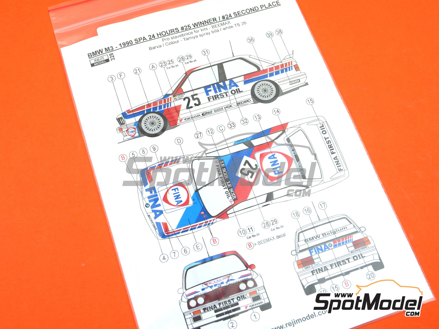Image 4: BMW M3 E30 Schnitzer Team sponsored by Fina - 24 Hours SPA Francorchamps 1990 | Marking / livery in 1/24 scale manufactured by Reji Model (ref.&nbsp;REJI-328, also 328, 0328 and REJI328)