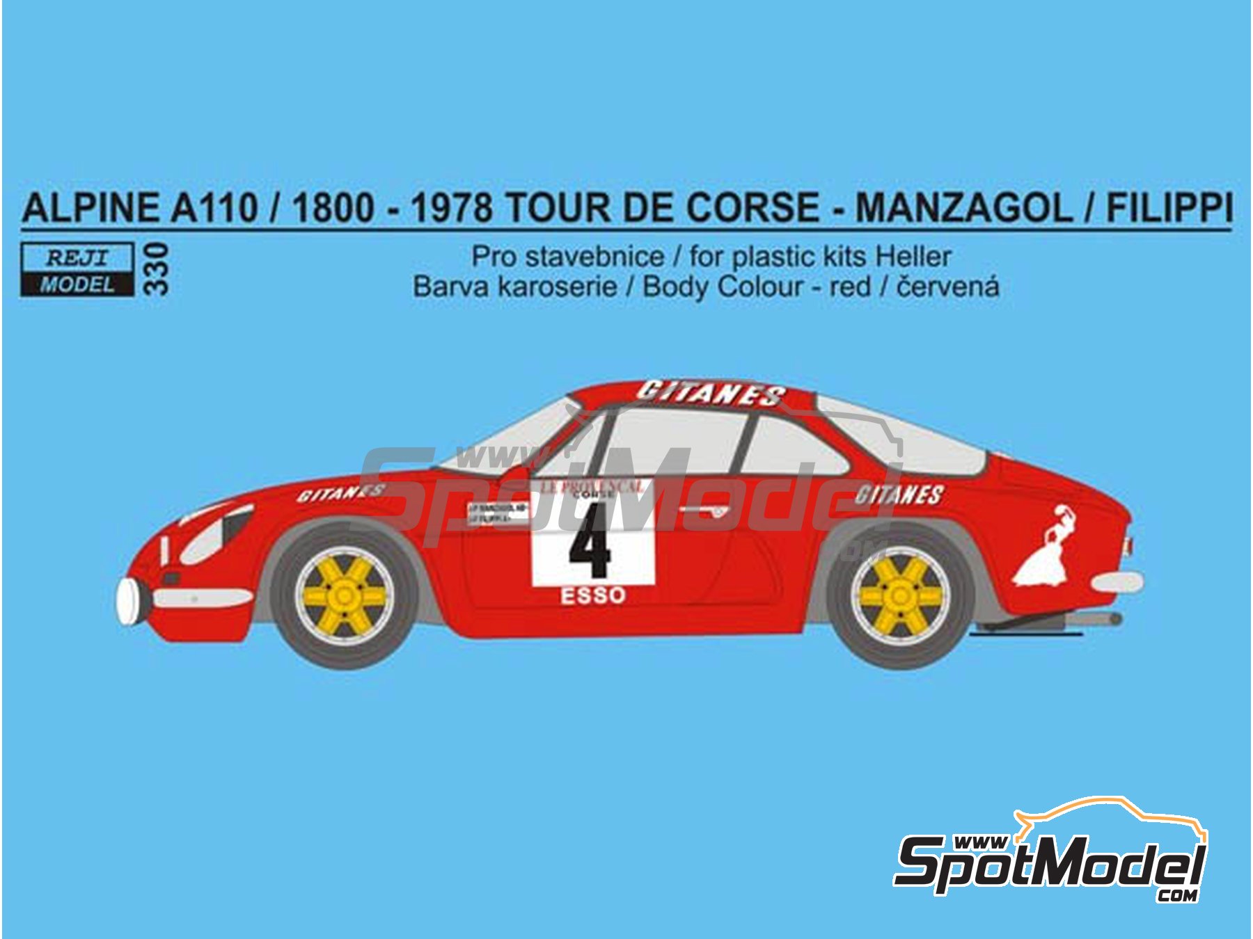 Image 1: Alpine Renault A110 sponsored by Gitanes, Doria - Tour de Corse 1978 | Marking / livery in 1/24 scale manufactured by Reji Model (ref.&nbsp;REJI-330, also 330 and REJI330)