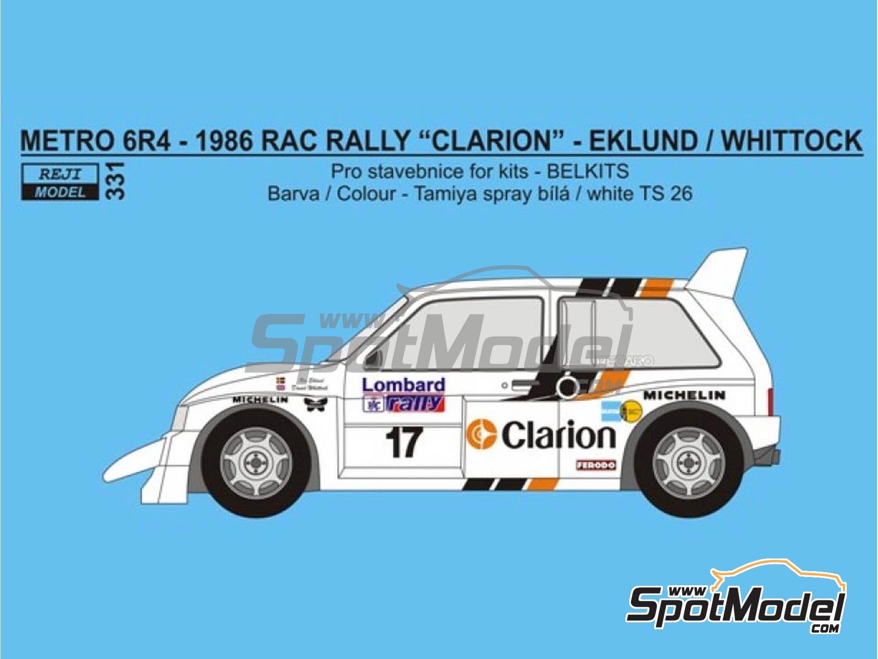 Image 1: MG Metro 6R4 sponsored by Clarion - Lombard RAC Rally 1986 | Marking / livery in 1/24 scale manufactured by Reji Model (ref.&nbsp;REJI-331, also 331 and REJI331)