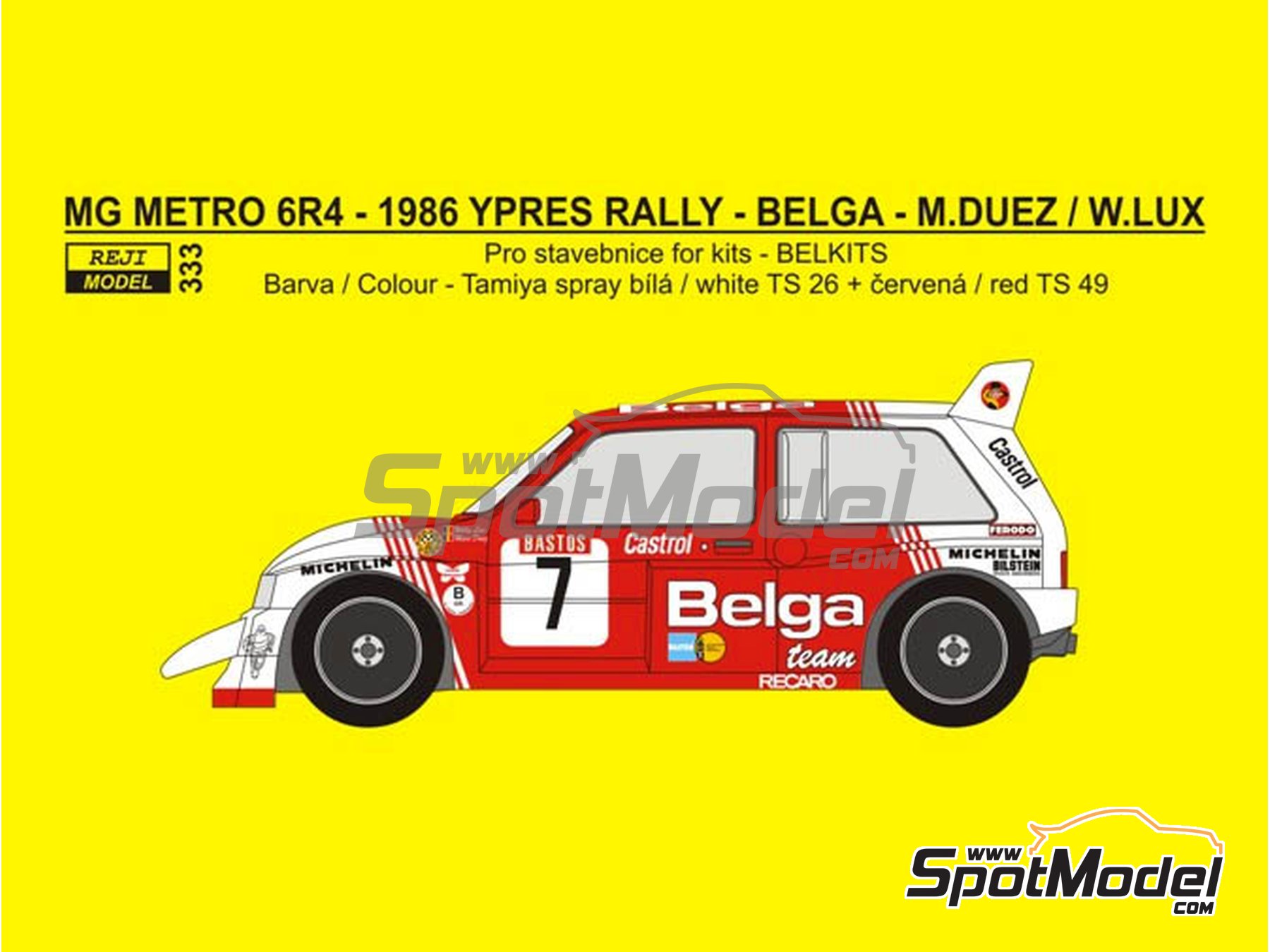 Image 1: MG Metro 6R4 Austin Rallying Team sponsored by Belga - Ypres Rally 1986 | Marking / livery in 1/24 scale manufactured by Reji Model (ref.&nbsp;REJI-333, also 333 and REJI333)