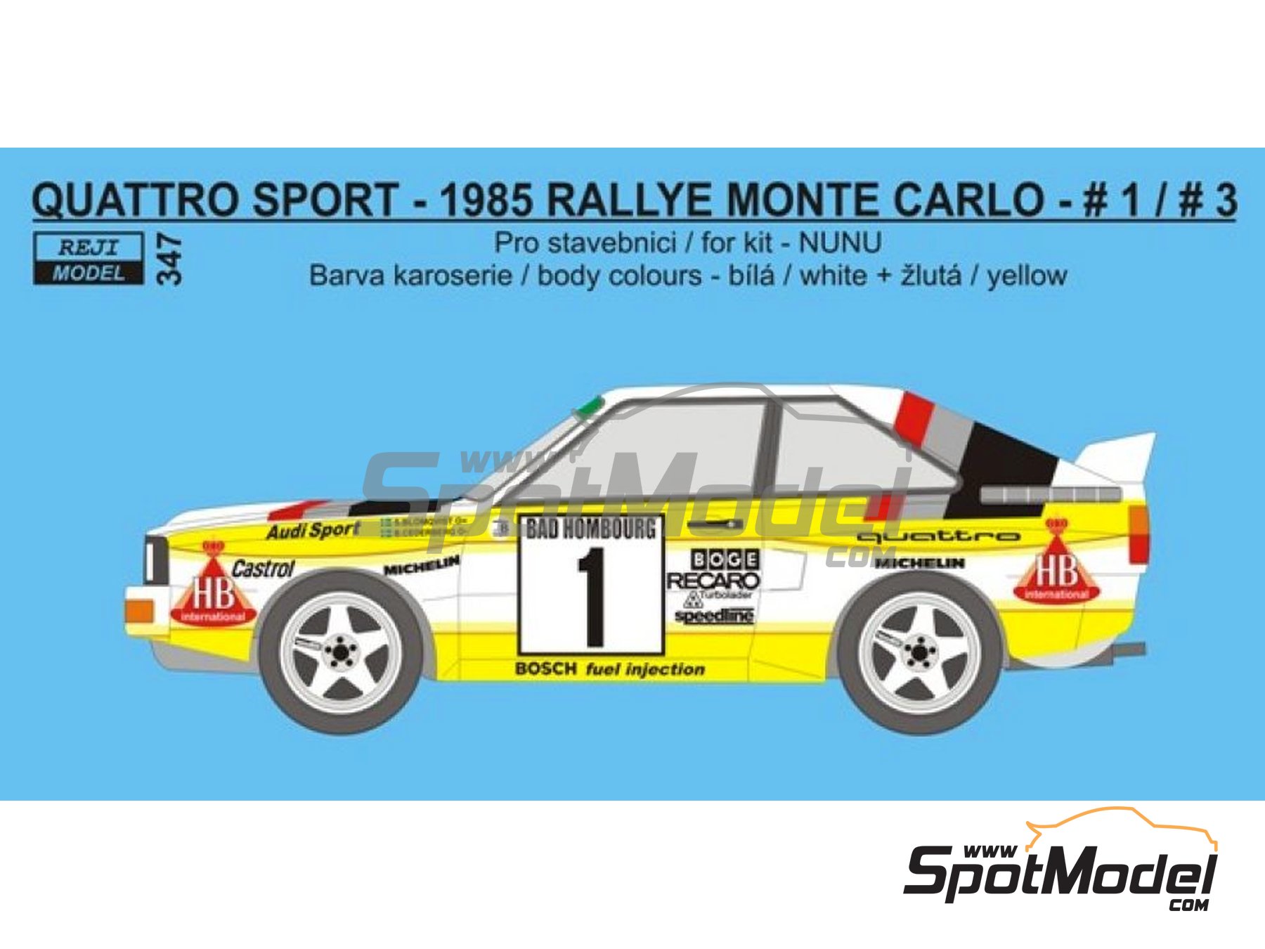 Image 1: Audi Quattro Sport Equipo Audi Sport patrocinado por HB International - Rally de Monte Carlo - Rallye Automobile de Monte-Carlo 1985 | Decoraci&oacute;n en escala&nbsp;1/24 fabricado por Reji Model (ref.&nbsp;REJI-347, tambien 347 y REJI347)