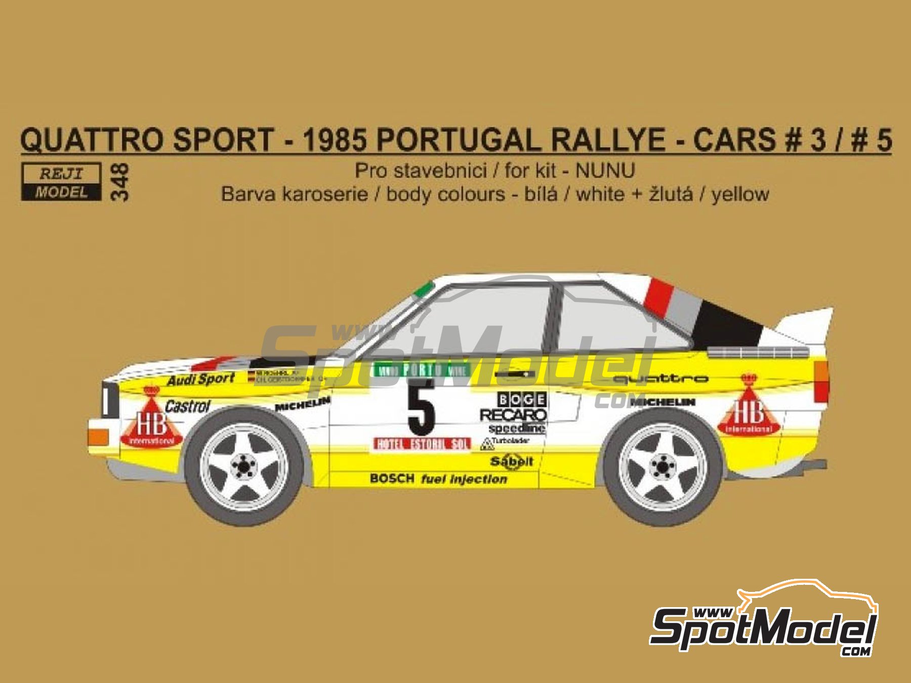 Image 1: Audi Quattro Sport Equipo Audi Sport patrocinado por HB International - Rally de Portugal - Vinho do Porto 1985 | Decoraci&oacute;n en escala&nbsp;1/24 fabricado por Reji Model (ref.&nbsp;REJI-348, tambien 348 y REJI348)