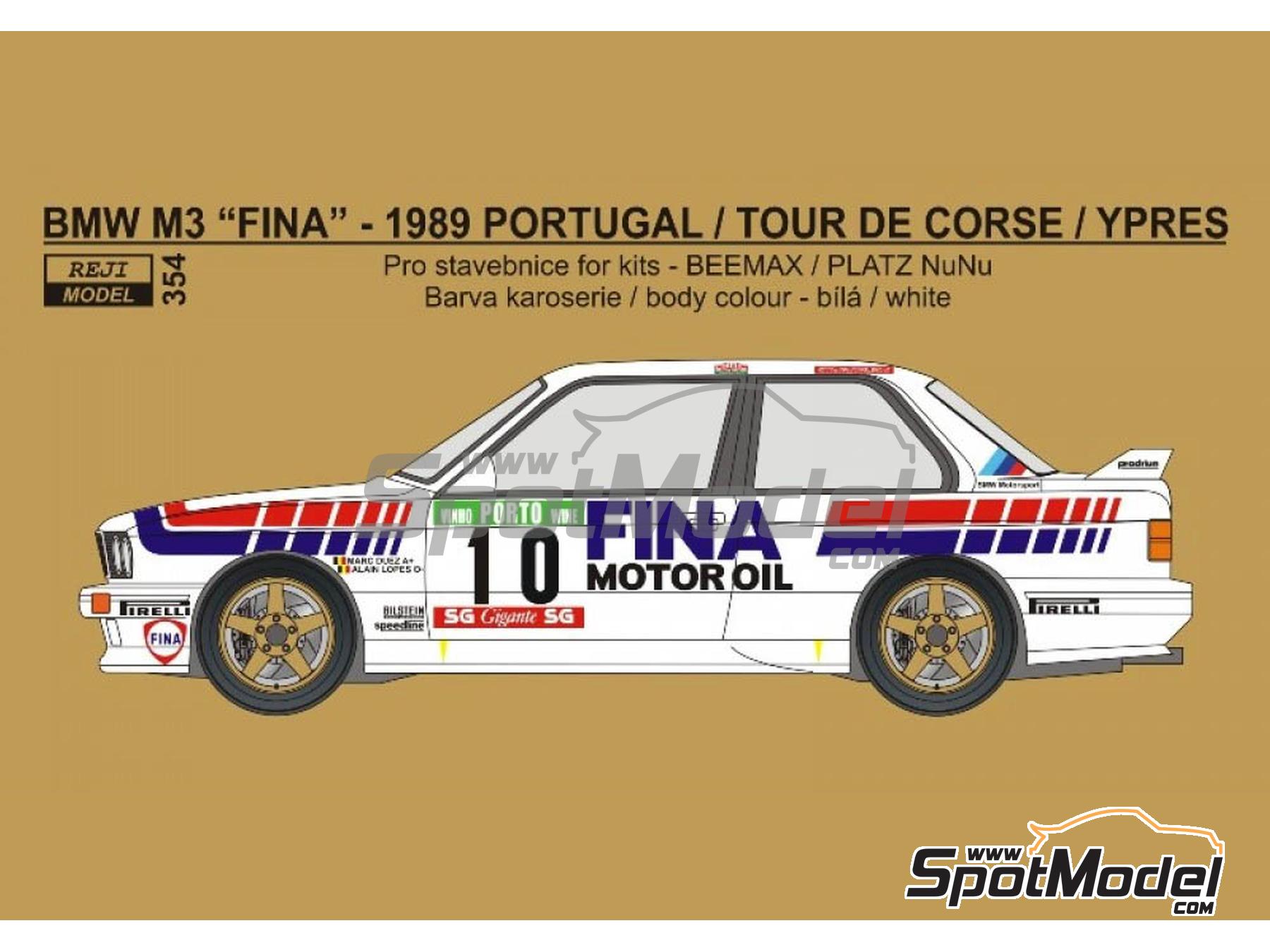 Image 1: BMW M3 E30 Group A sponsored by Fina - Ypres 24 Hours Rally, Portugal Rally - Vinho do Porto, Tour de Corse Rallye de France 1989 | Marking / livery in 1/24 scale manufactured by Reji Model (ref.&nbsp;REJI-354, also 0354)