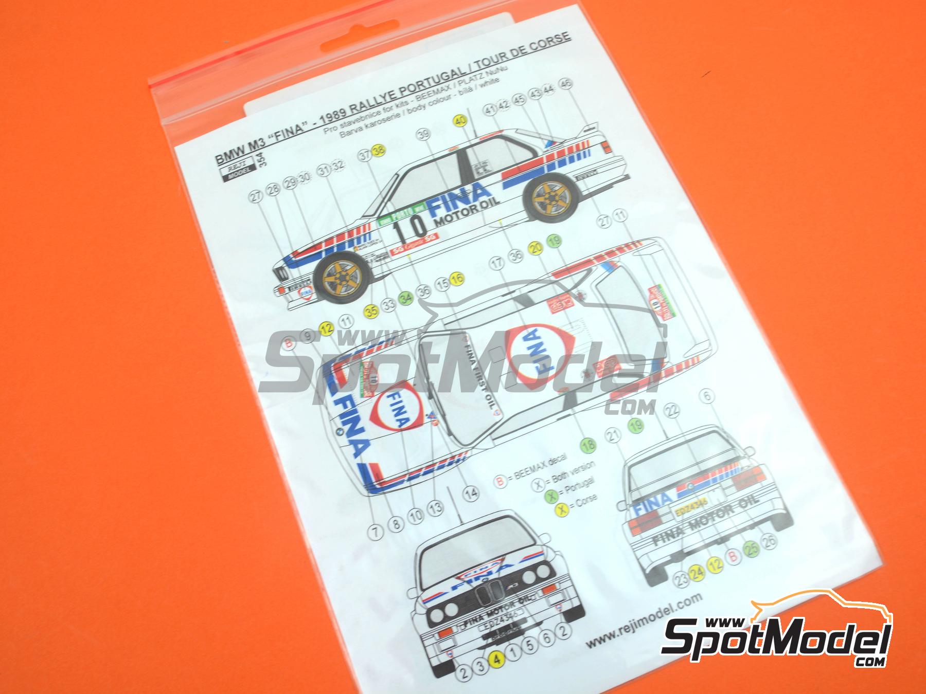 Image 5: BMW M3 E30 Group A sponsored by Fina - Ypres 24 Hours Rally, Portugal Rally - Vinho do Porto, Tour de Corse Rallye de France 1989 | Marking / livery in 1/24 scale manufactured by Reji Model (ref.&nbsp;REJI-354, also 0354)