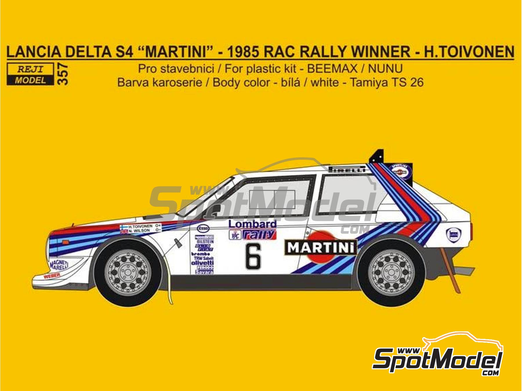 Image 1: Lancia Delta S4 sponsored by Martini - Lombard RAC Rally 1985 | Marking / livery in 1/24 scale manufactured by Reji Model (ref.&nbsp;REJI-357, also 357 and REJI357)