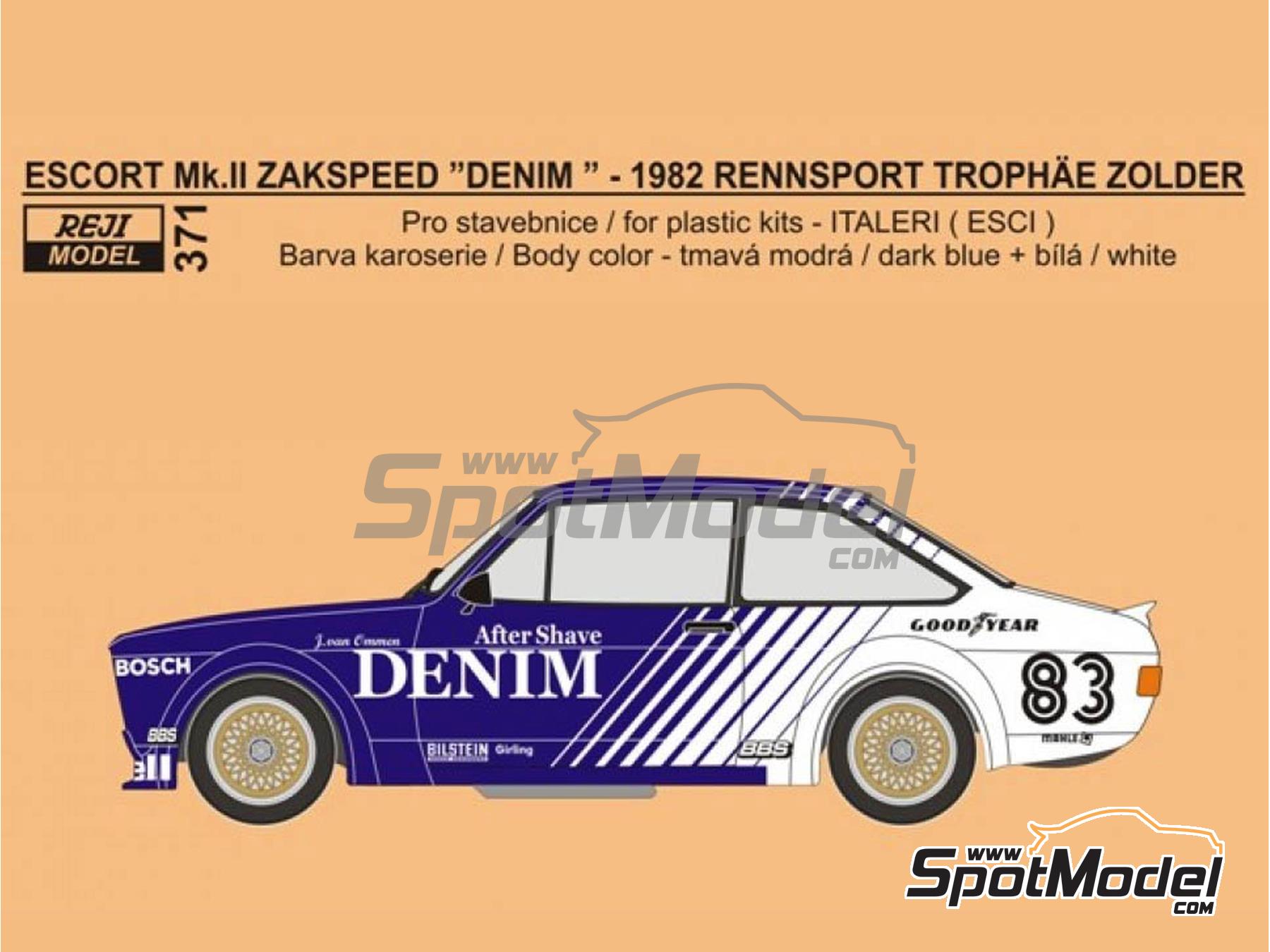 Image 1: Ford Escort Mk.II Zakspeed Team sponsored by Denim - Rennsport Trophäe Zolder 1982 | Marking / livery in 1/24 scale manufactured by Reji Model (ref. REJI-371, also 371)