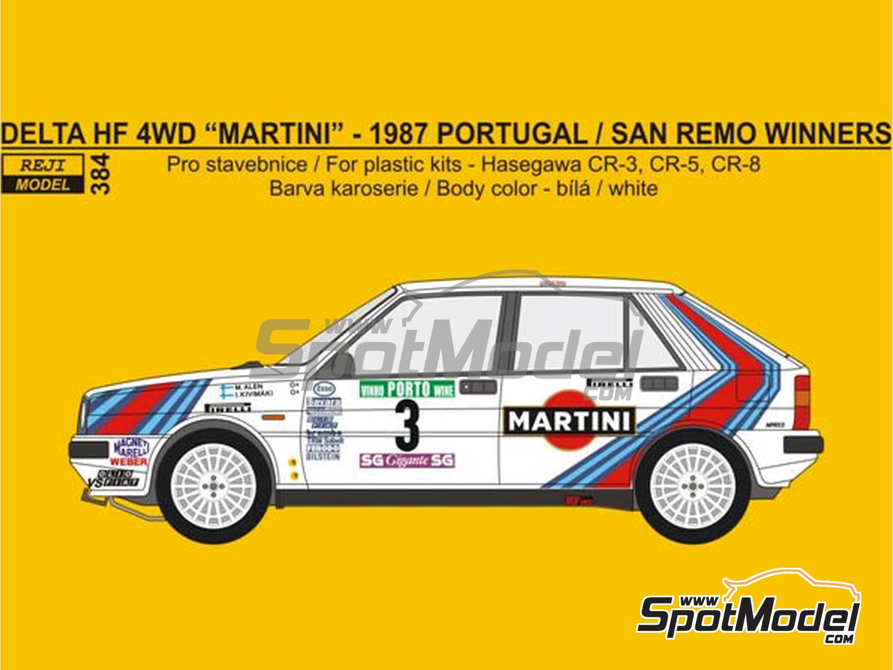 Image 1: Lancia Delta HF 4WD Martini Racing Team - Portugal Rally - Vinho do Porto, Sanremo Rally 1987 | Marking / livery in 1/24 scale manufactured by Reji Model (ref.&nbsp;REJI-384, also 384)
