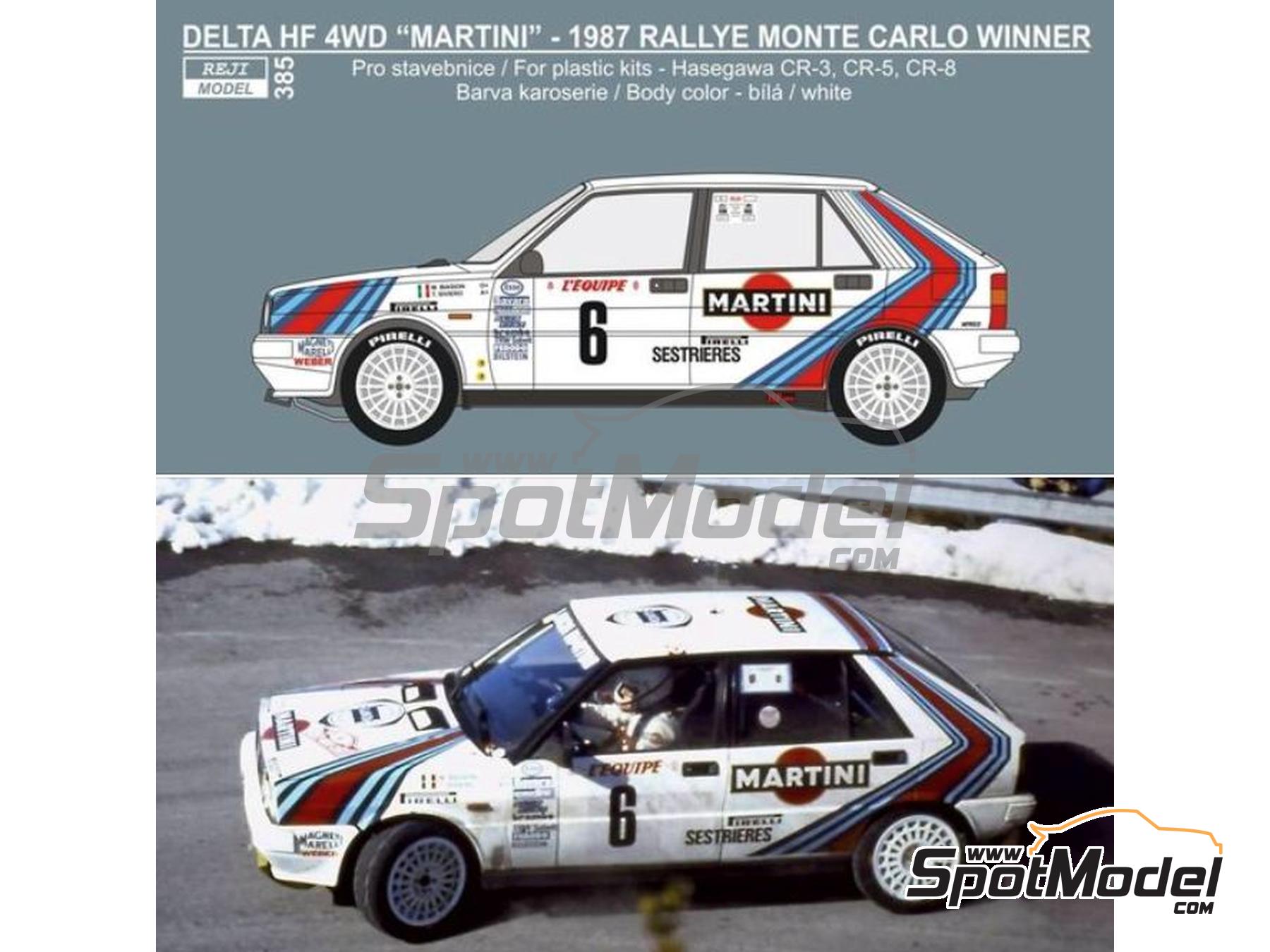 Image 1: Lancia Delta HF 4WD Martini Racing Team - Monte Carlo Rally - Rallye Automobile de Monte-Carlo 1987 | Marking / livery in 1/24 scale manufactured by Reji Model (ref.&nbsp;REJI-385, also 385)