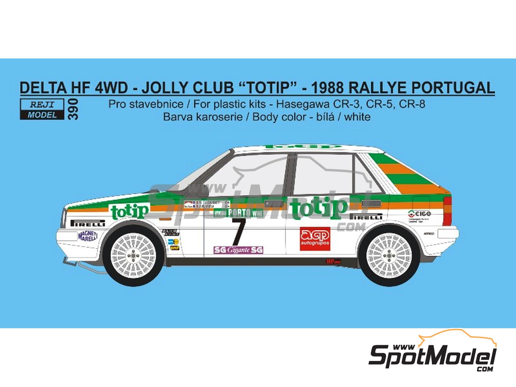 Image 1: Lancia Delta HF 4WD Jolly Club Team sponsored by Totip - Portugal Rally - Vinho do Porto 1988 | Marking / livery in 1/24 scale manufactured by Reji Model (ref.&nbsp;REJI-390, also 390)