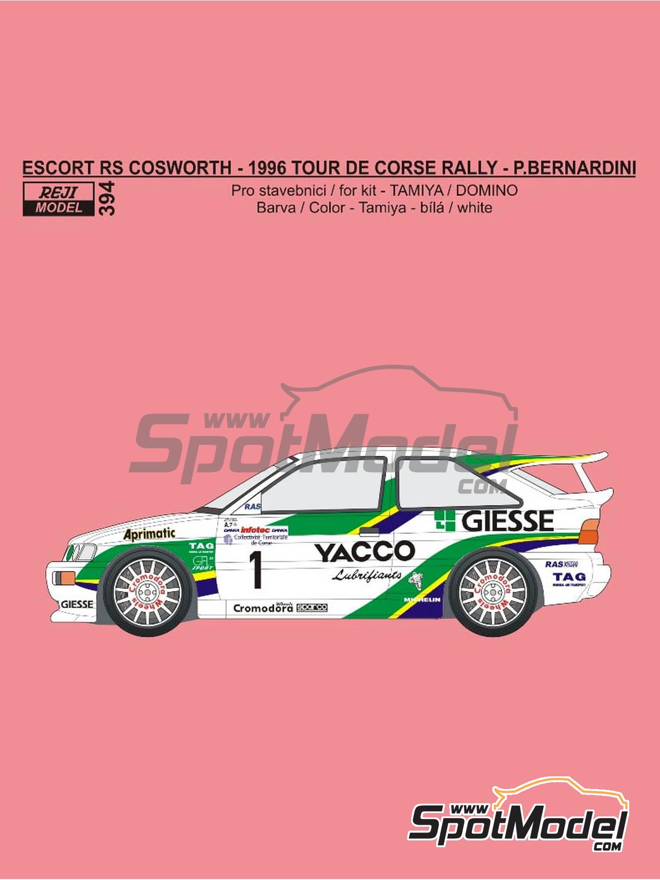 Reji Model 394: Marking / livery 1/24 scale - Ford Escort Cosworth Group A  sponsored by Yacco, Giesse #1 - Patrick Bernardini (FR) + Catherine  François (FR) - Tour de Corse Rallye