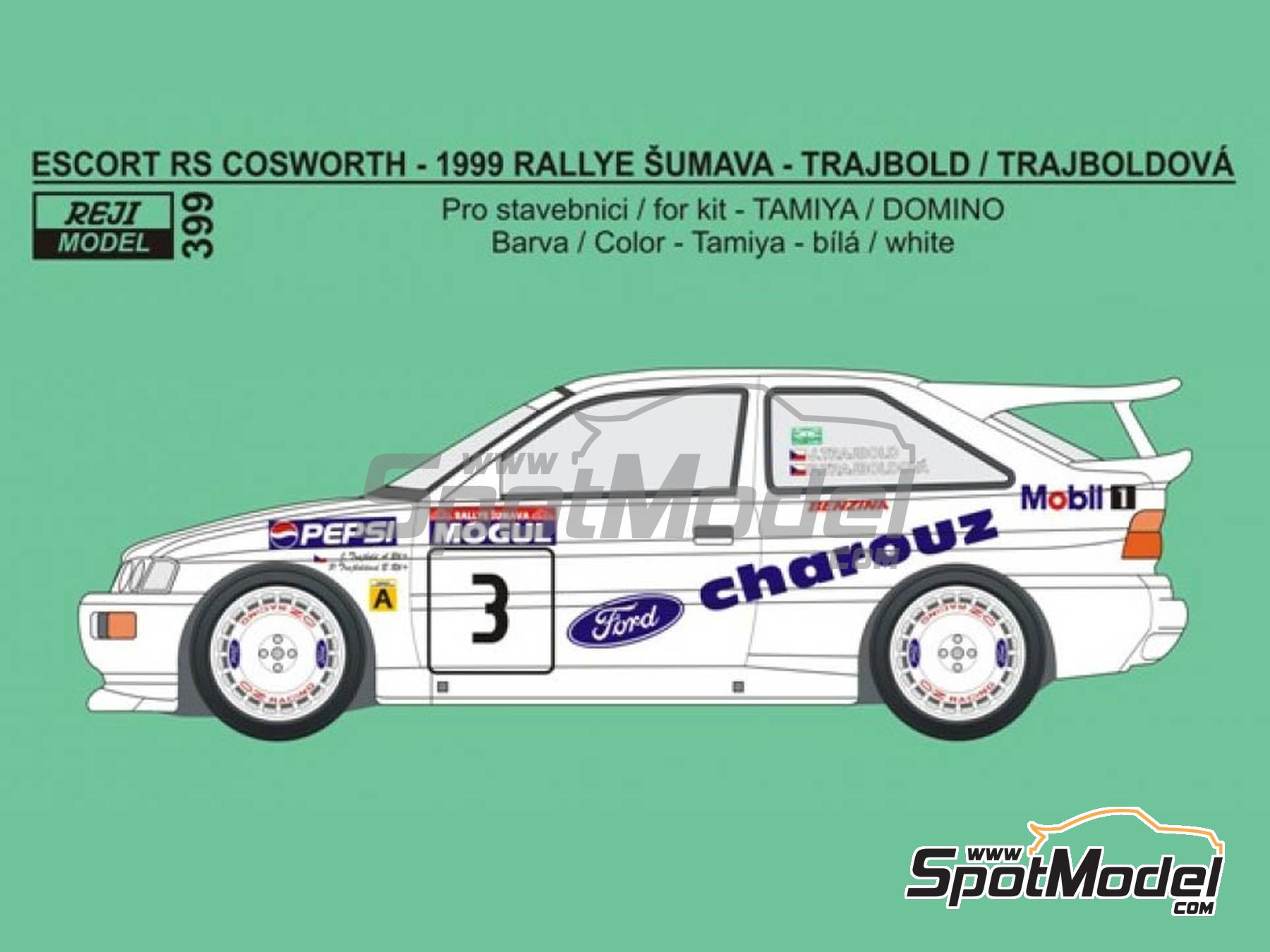 Image 1: Ford Escort RS Cosworth Grupo A patrocinado por Charouz, Pepsi - Rallye Sumava Mogul 1999 | Decoraci&oacute;n en escala&nbsp;1/24 fabricado por Reji Model (ref.&nbsp;REJI-399, tambien 399 y 0399)