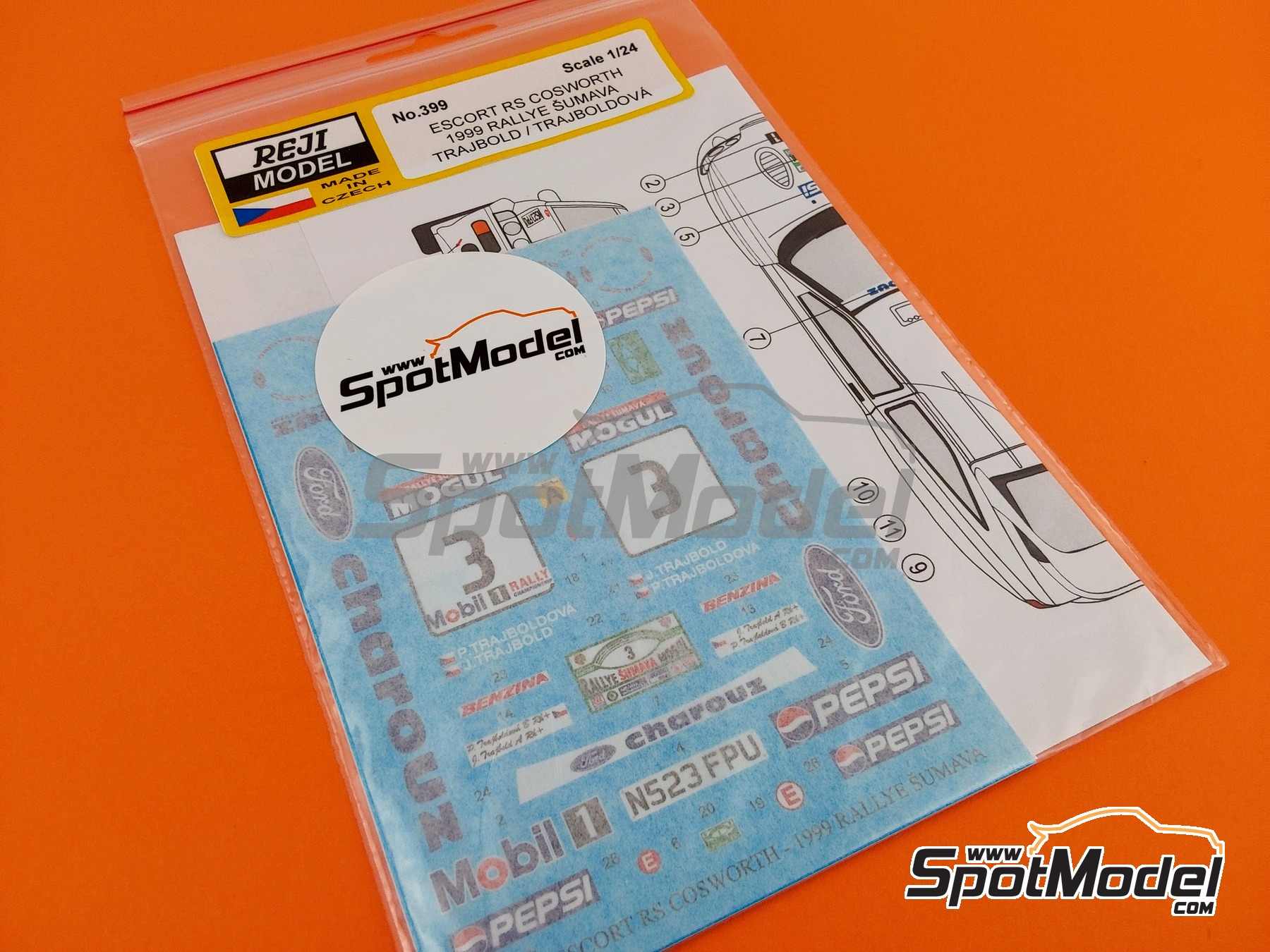 Image 4: Ford Escort RS Cosworth Grupo A patrocinado por Charouz, Pepsi - Rallye Sumava Mogul 1999 | Decoraci&oacute;n en escala&nbsp;1/24 fabricado por Reji Model (ref.&nbsp;REJI-399, tambien 399 y 0399)