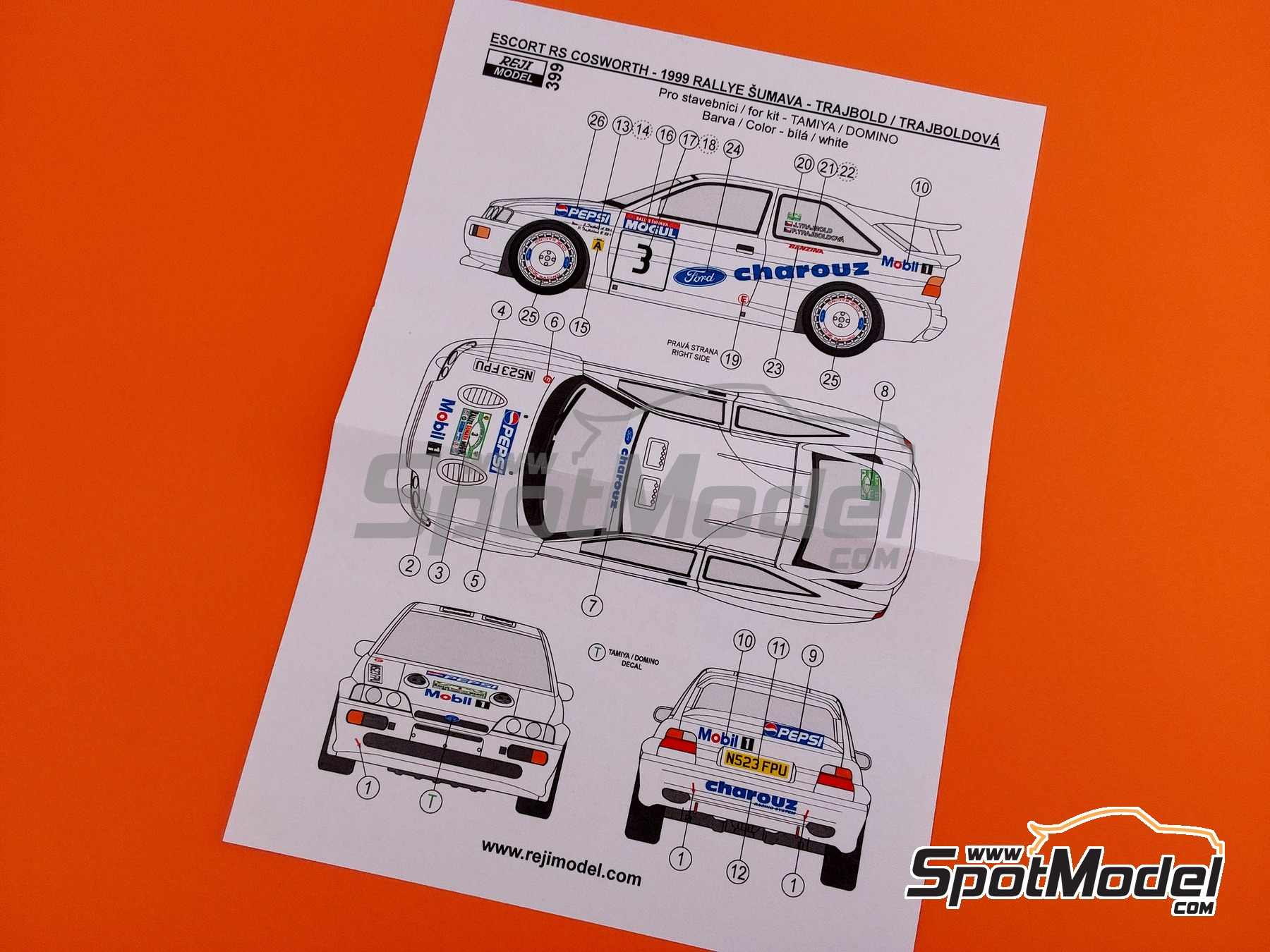 Image 5: Ford Escort RS Cosworth Grupo A patrocinado por Charouz, Pepsi - Rallye Sumava Mogul 1999 | Decoraci&oacute;n en escala&nbsp;1/24 fabricado por Reji Model (ref.&nbsp;REJI-399, tambien 399 y 0399)