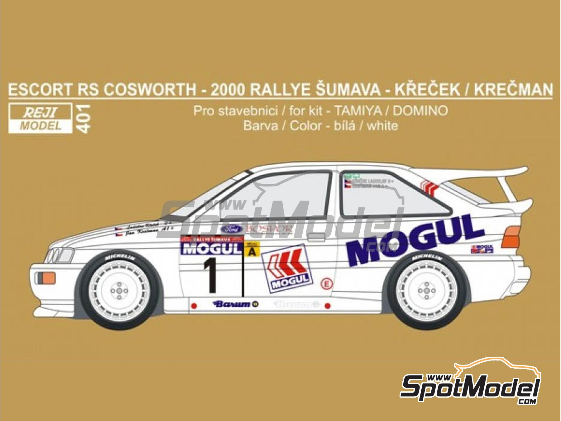 Image 1: Ford Escort RS Cosworth Group A sponsored by Mogul - Rallye Sumava Mogul 2000 | Marking / livery in 1/24 scale manufactured by Reji Model (ref.&nbsp;REJI-401, also 401 and 0401)