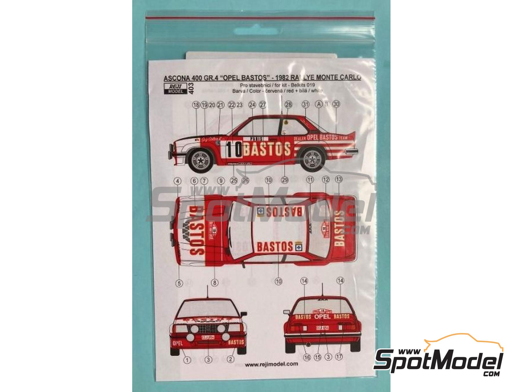 Image 4: Opel Ascona 400 Grupo 4 patrocinado por Bastos - Rally 24 Horas de Ypres, Rally de Monte Carlo - Rallye Automobile de Monte-Carlo 1982 | Decoraci&oacute;n en escala&nbsp;1/24 fabricado por Reji Model (ref.&nbsp;REJI-403, tambien 403)