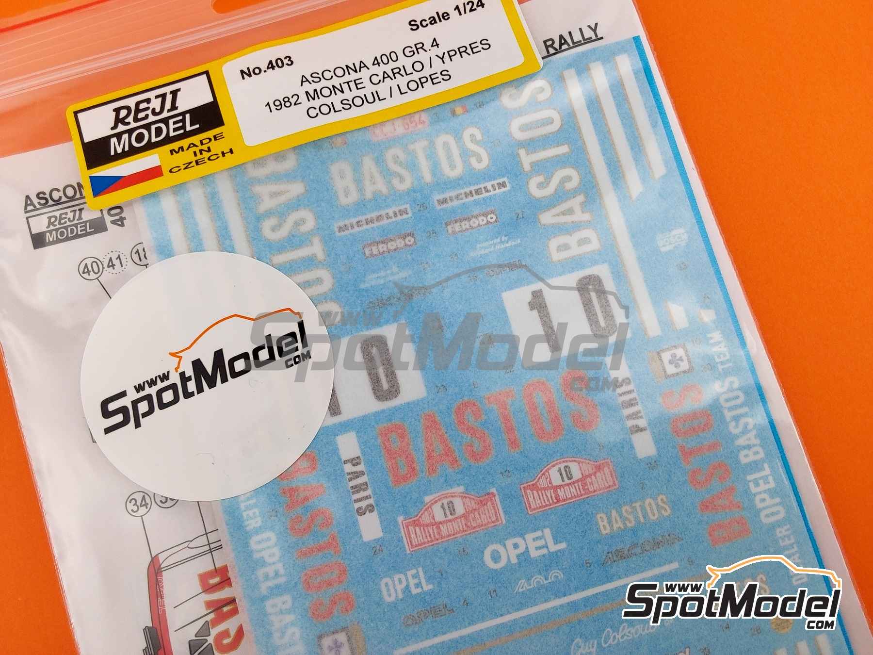 Image 7: Opel Ascona 400 Grupo 4 patrocinado por Bastos - Rally 24 Horas de Ypres, Rally de Monte Carlo - Rallye Automobile de Monte-Carlo 1982 | Decoraci&oacute;n en escala&nbsp;1/24 fabricado por Reji Model (ref.&nbsp;REJI-403, tambien 403)