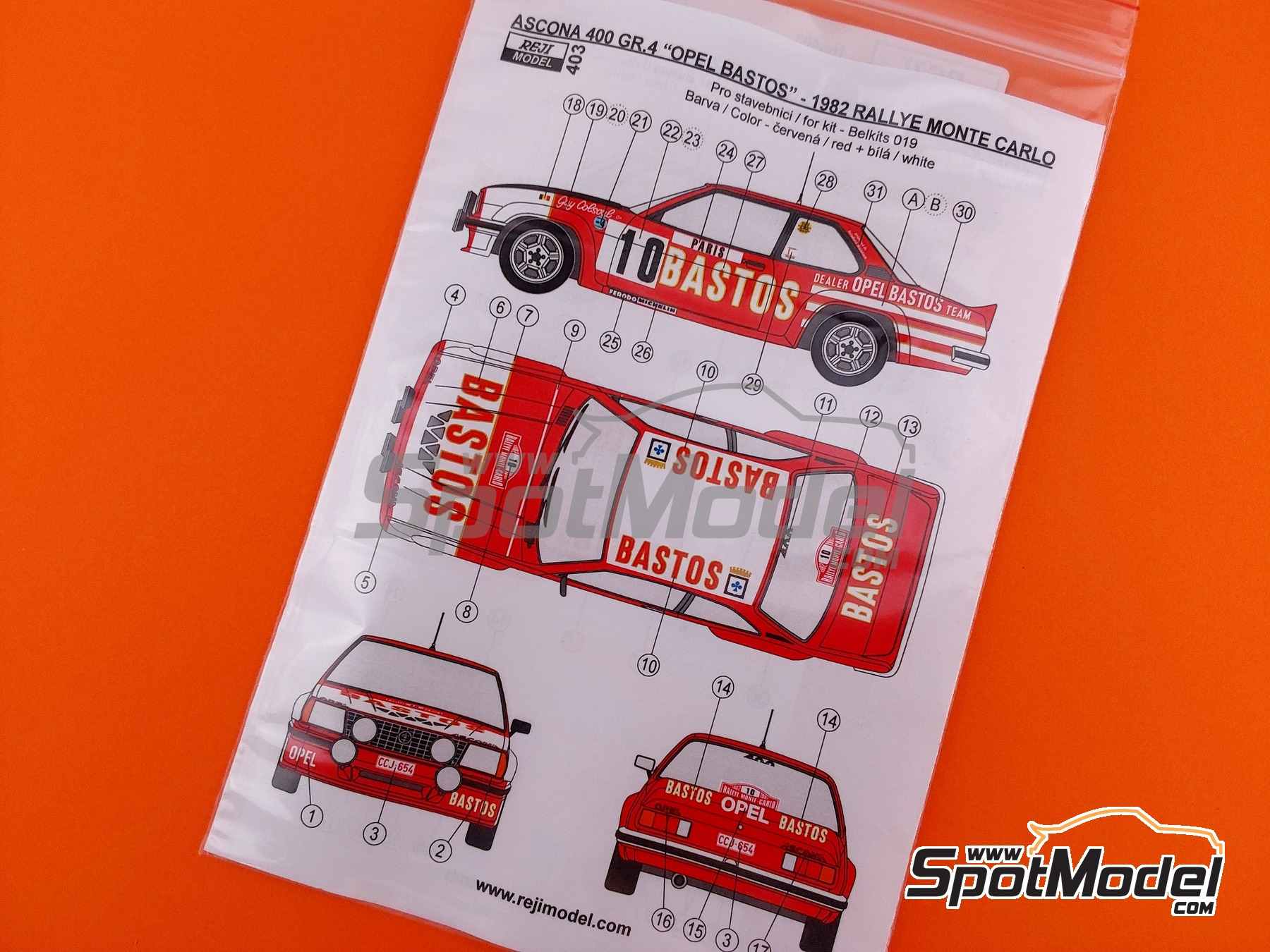 Image 9: Opel Ascona 400 Grupo 4 patrocinado por Bastos - Rally 24 Horas de Ypres, Rally de Monte Carlo - Rallye Automobile de Monte-Carlo 1982 | Decoraci&oacute;n en escala&nbsp;1/24 fabricado por Reji Model (ref.&nbsp;REJI-403, tambien 403)